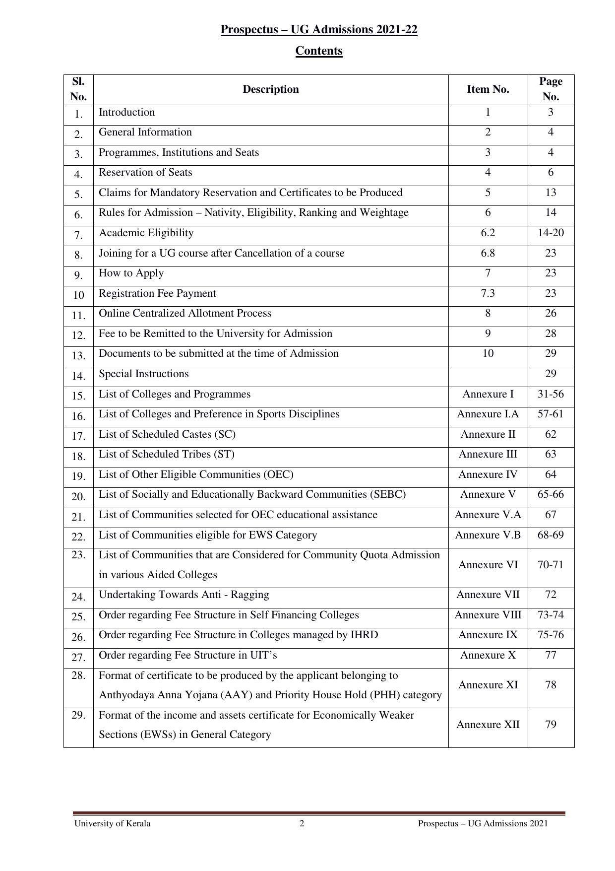 University of Kerala, Thiruvananthapuram UG Admission Prospectus 2021-22 - Page 2