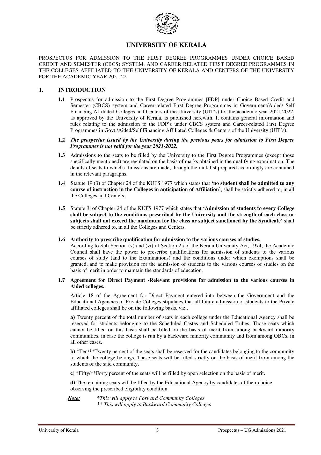 University of Kerala, Thiruvananthapuram UG Admission Prospectus 2021-22 - Page 3