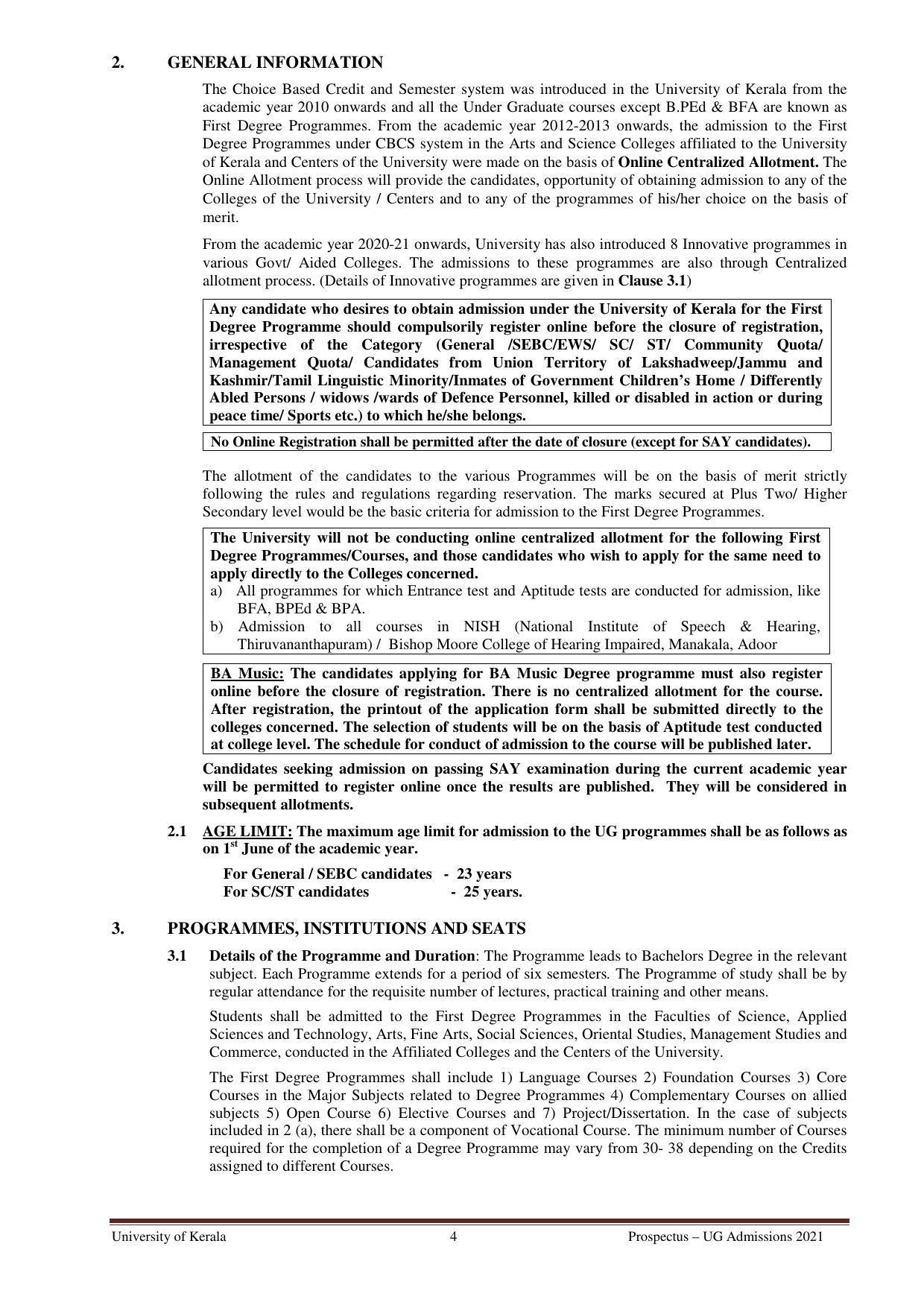 University of Kerala, Thiruvananthapuram UG Admission Prospectus 2021-22 - Page 4