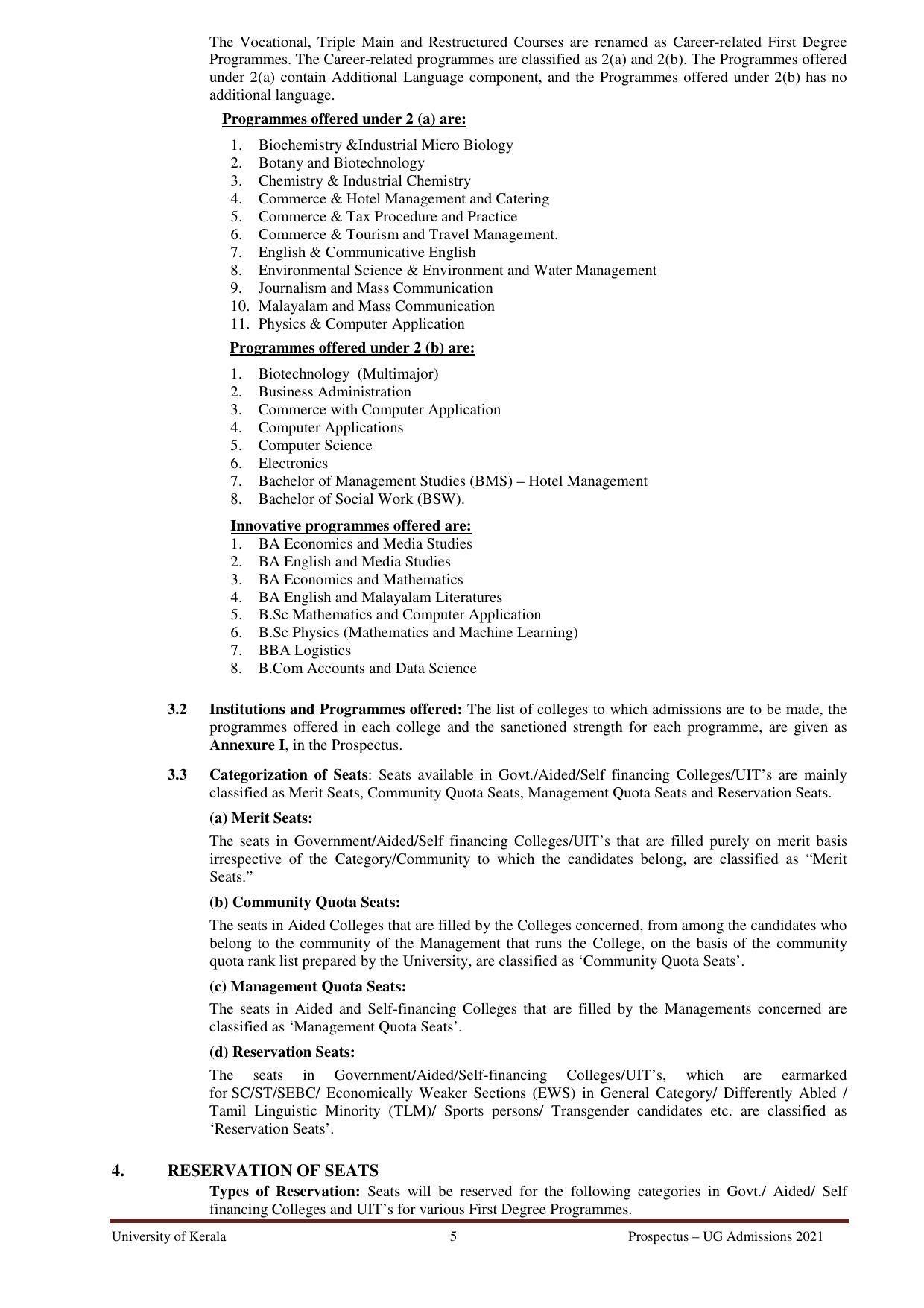 University of Kerala, Thiruvananthapuram UG Admission Prospectus 2021-22 - Page 5