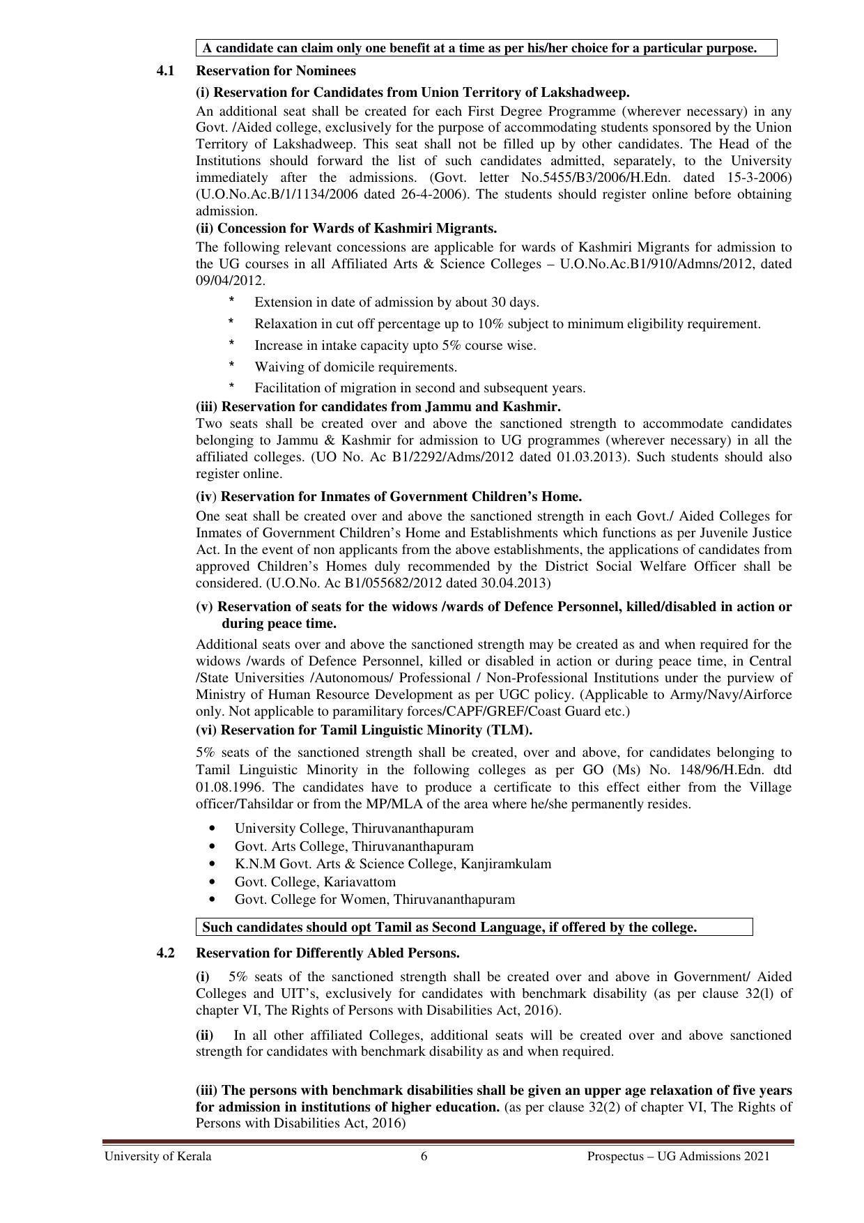 University of Kerala, Thiruvananthapuram UG Admission Prospectus 2021-22 - Page 6