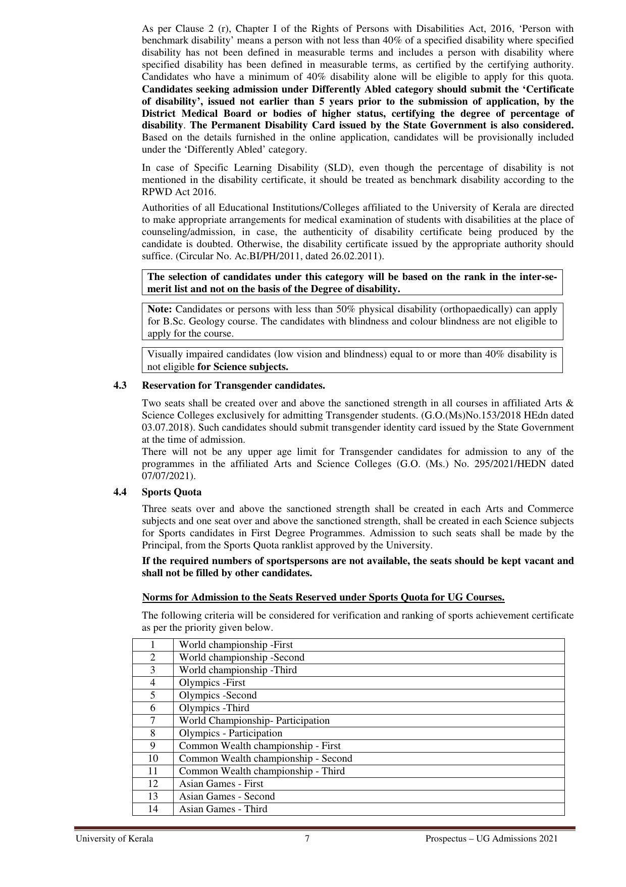 University of Kerala, Thiruvananthapuram UG Admission Prospectus 2021-22 - Page 7