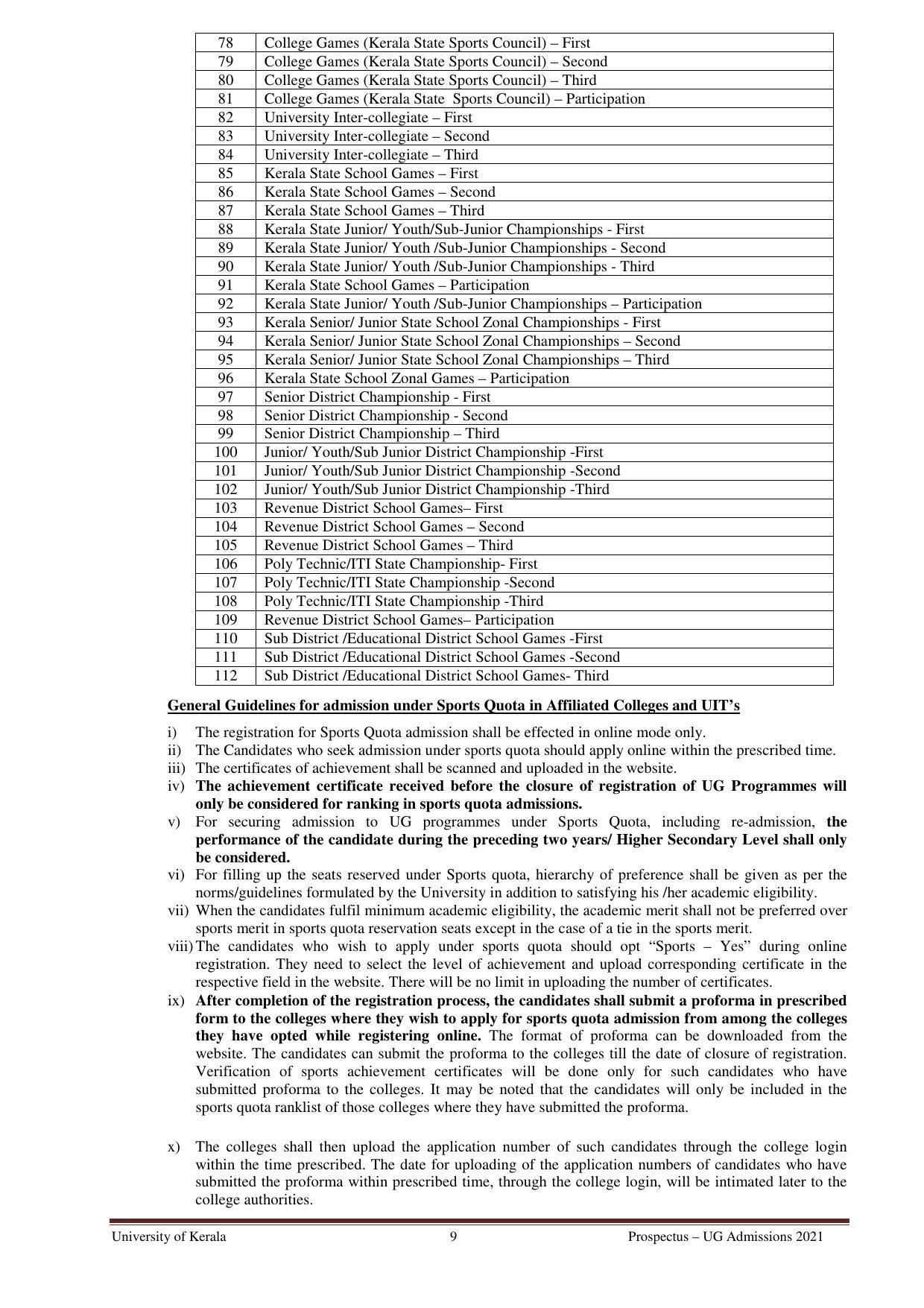 University of Kerala, Thiruvananthapuram UG Admission Prospectus 2021-22 - Page 9