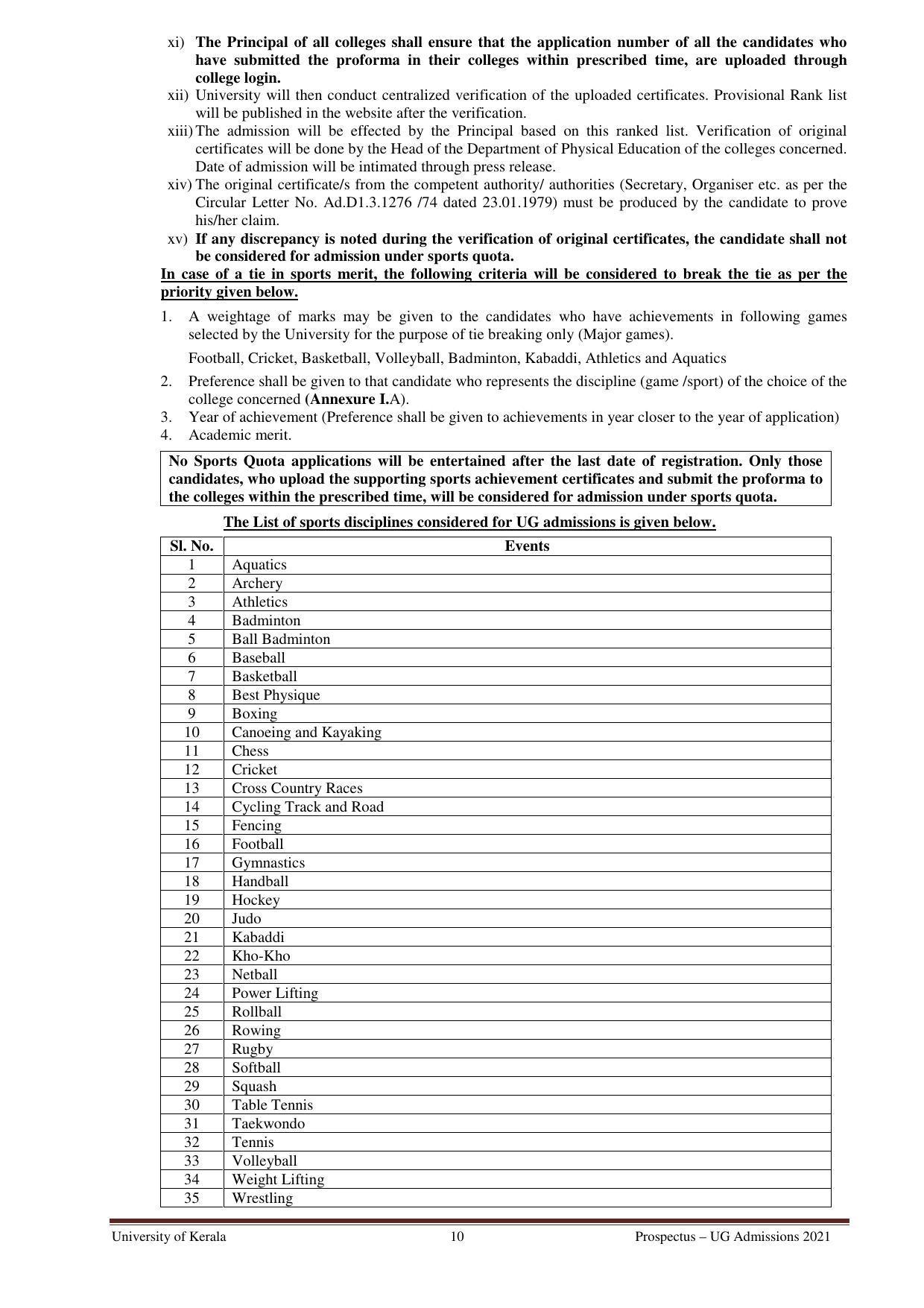 University of Kerala, Thiruvananthapuram UG Admission Prospectus 2021-22 - Page 10