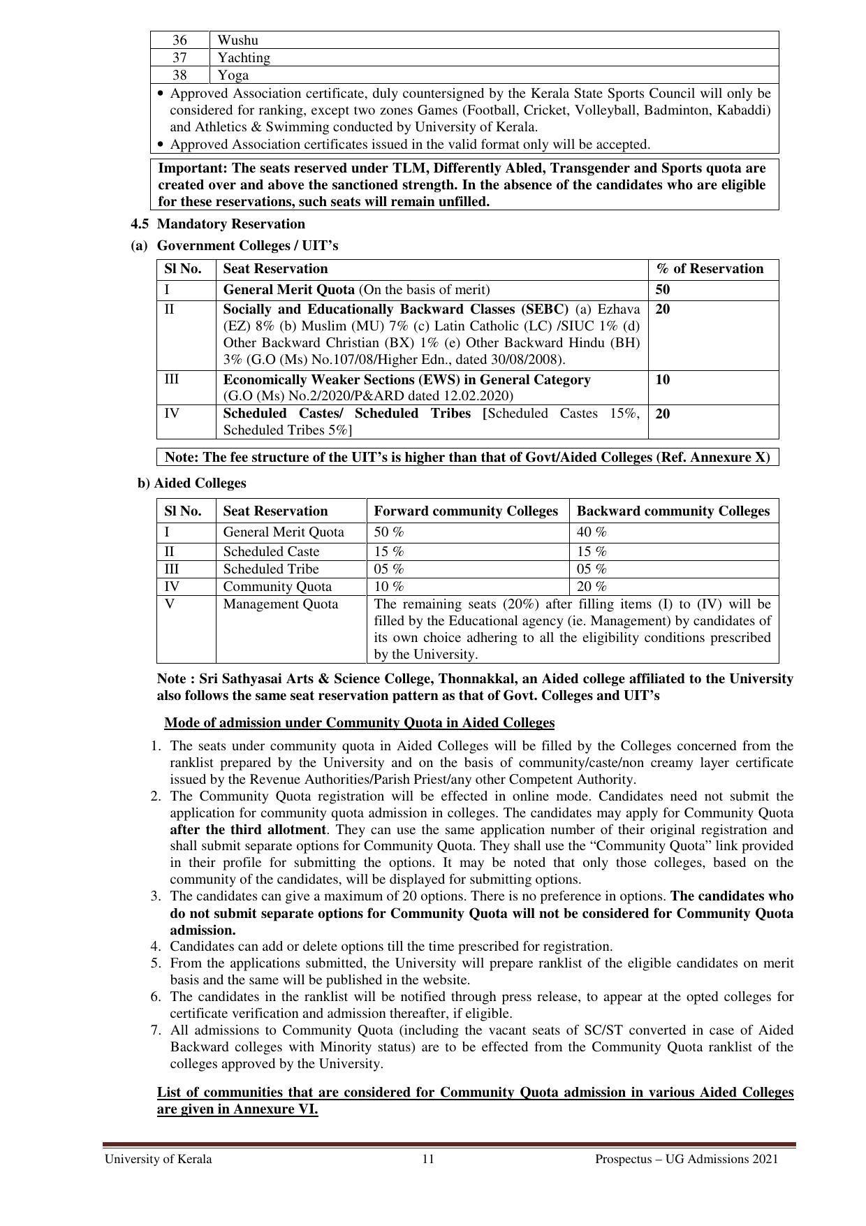 University of Kerala, Thiruvananthapuram UG Admission Prospectus 2021-22 - Page 11