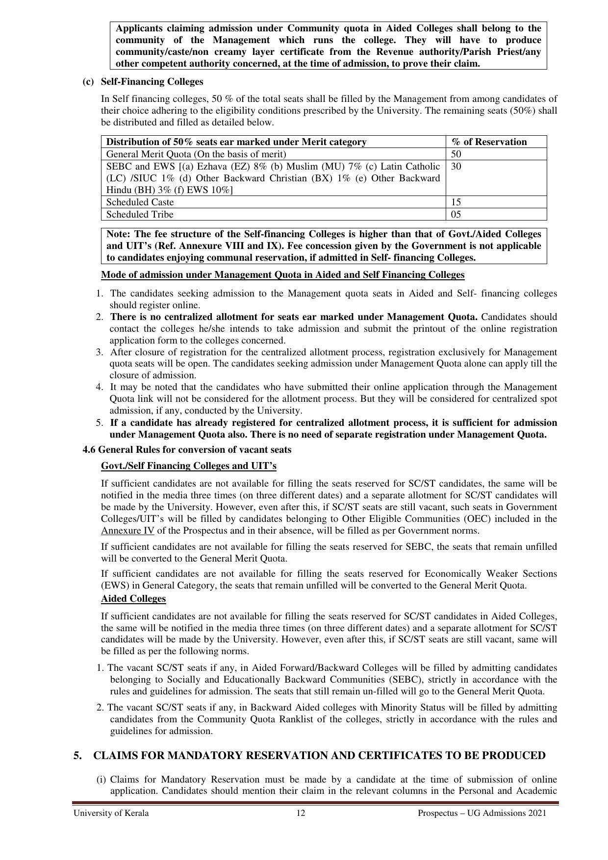 University of Kerala, Thiruvananthapuram UG Admission Prospectus 2021-22 - Page 12