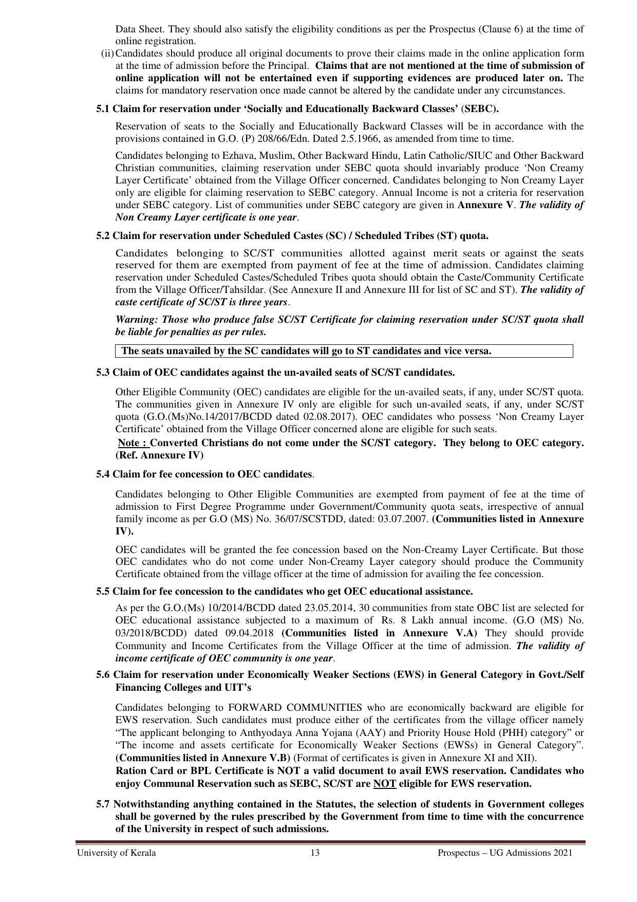 University of Kerala, Thiruvananthapuram UG Admission Prospectus 2021-22 - Page 13