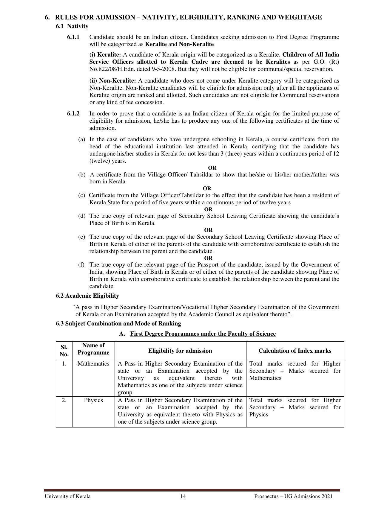 University of Kerala, Thiruvananthapuram UG Admission Prospectus 2021-22 - Page 14