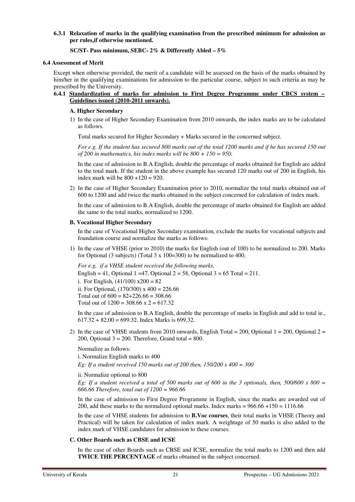 University of Kerala, Thiruvananthapuram UG Admission Prospectus 2021-22 - Page 21