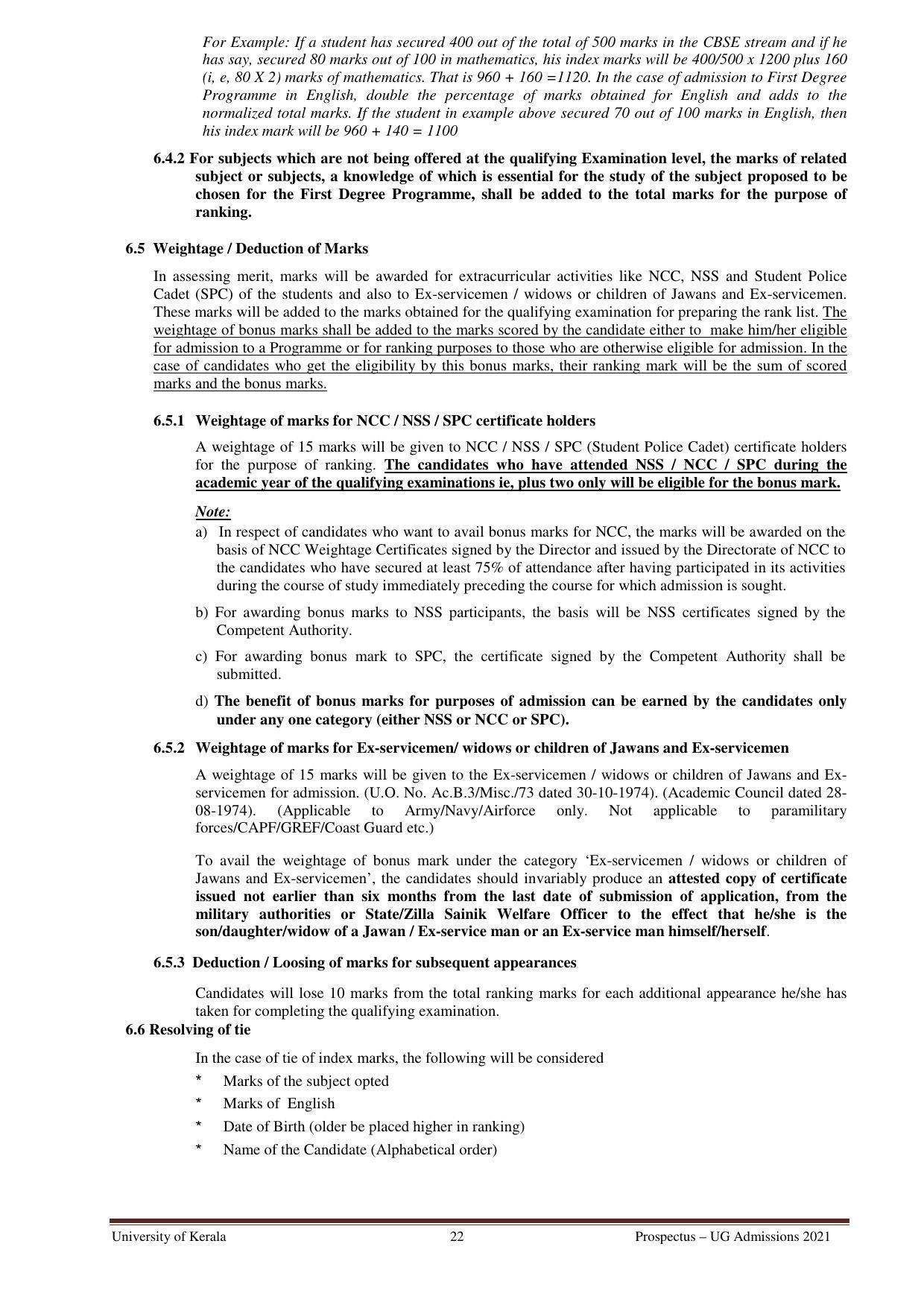 University of Kerala, Thiruvananthapuram UG Admission Prospectus 2021-22 - Page 22