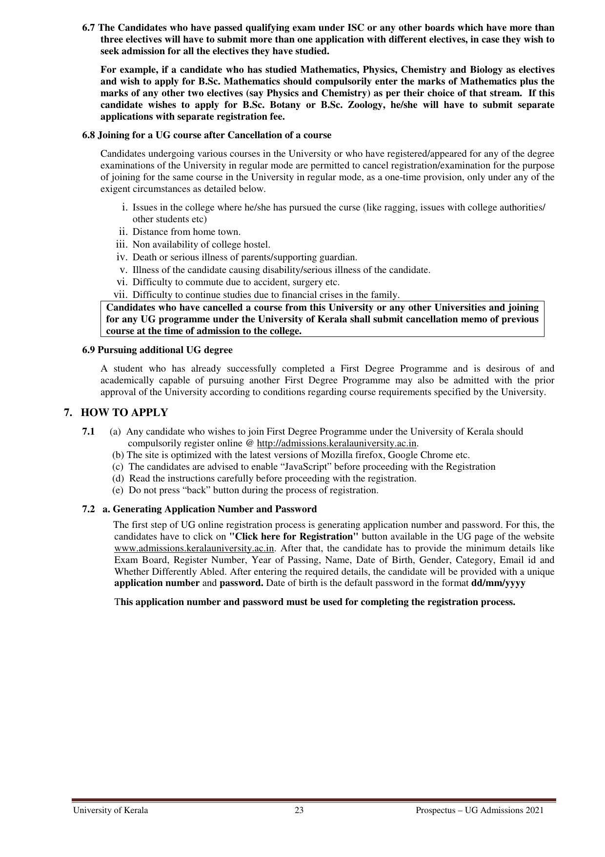 University of Kerala, Thiruvananthapuram UG Admission Prospectus 2021-22 - Page 23