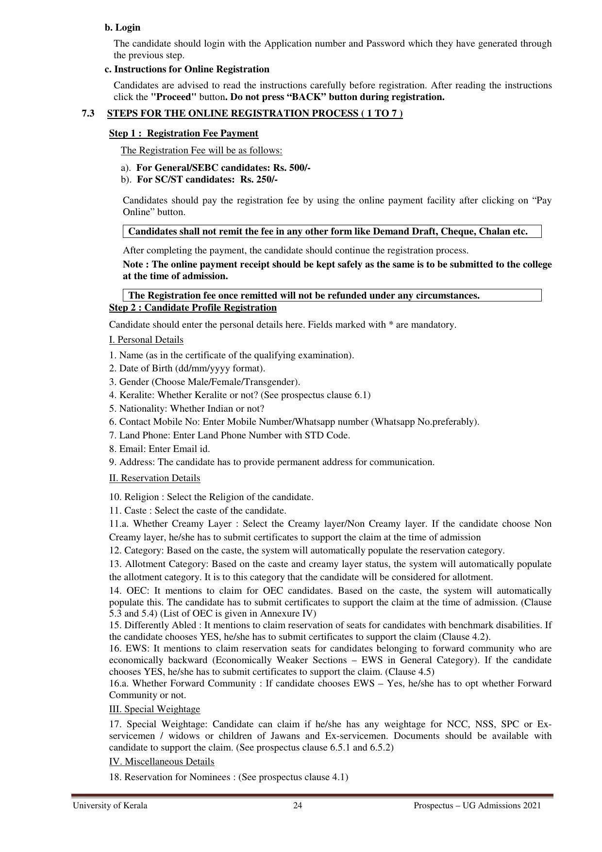 University of Kerala, Thiruvananthapuram UG Admission Prospectus 2021-22 - Page 24