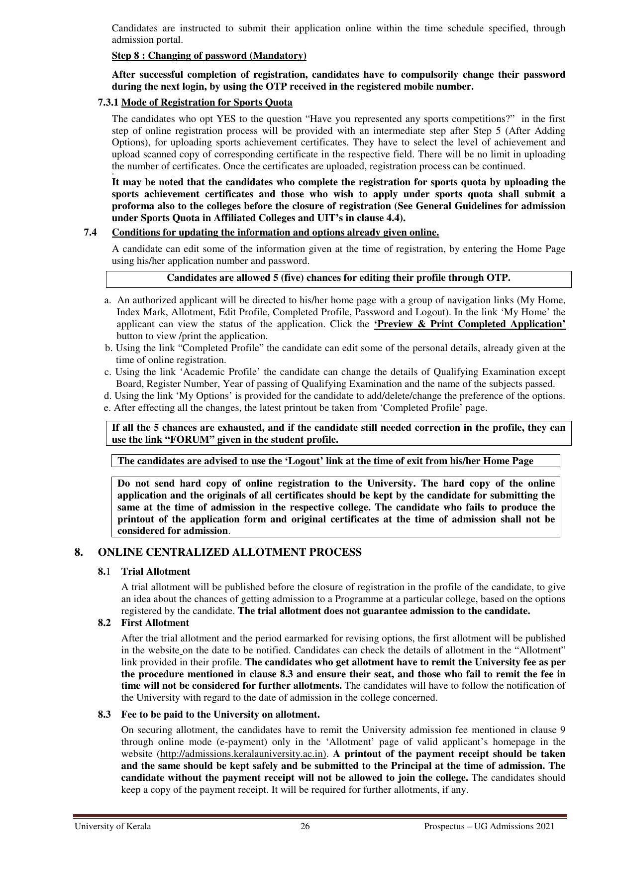 University of Kerala, Thiruvananthapuram UG Admission Prospectus 2021-22 - Page 26