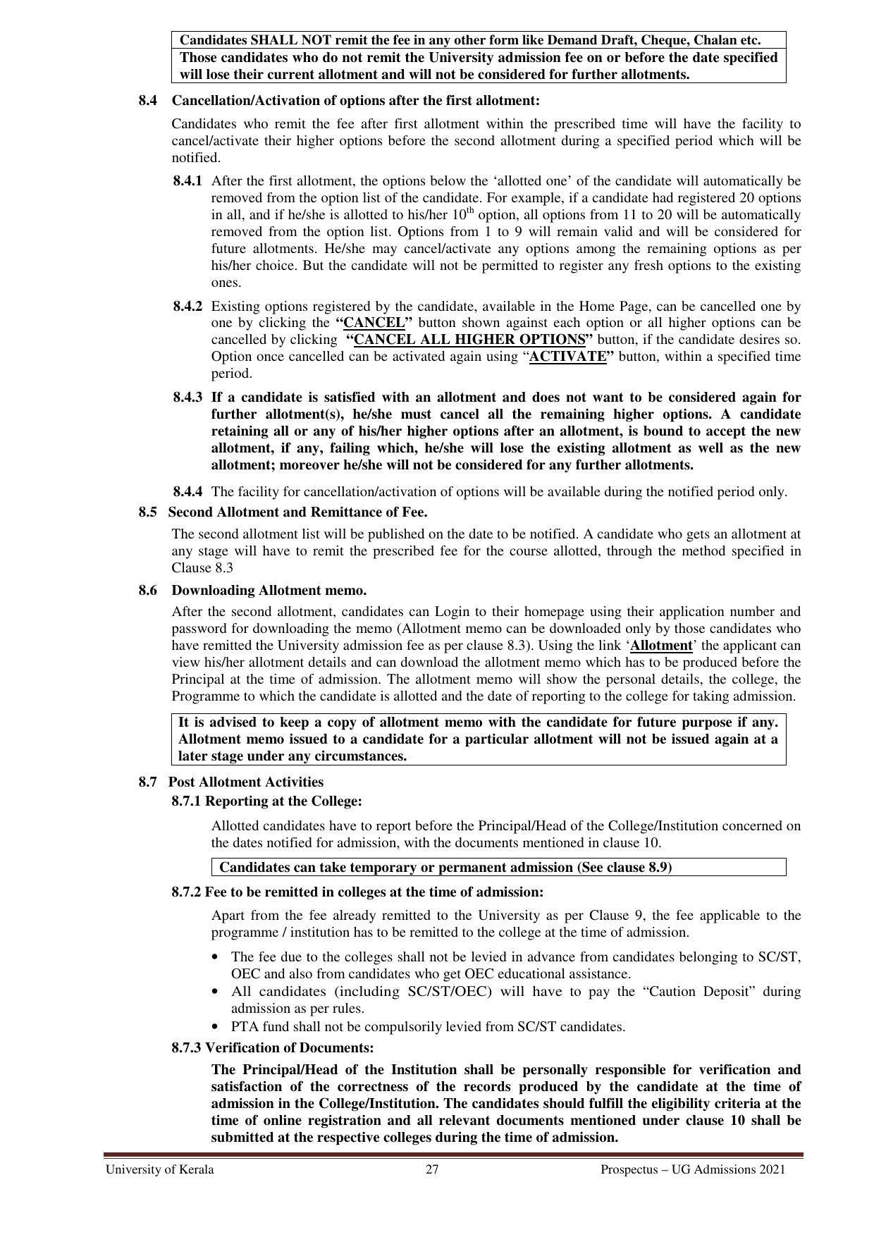 University of Kerala, Thiruvananthapuram UG Admission Prospectus 2021-22 - Page 27