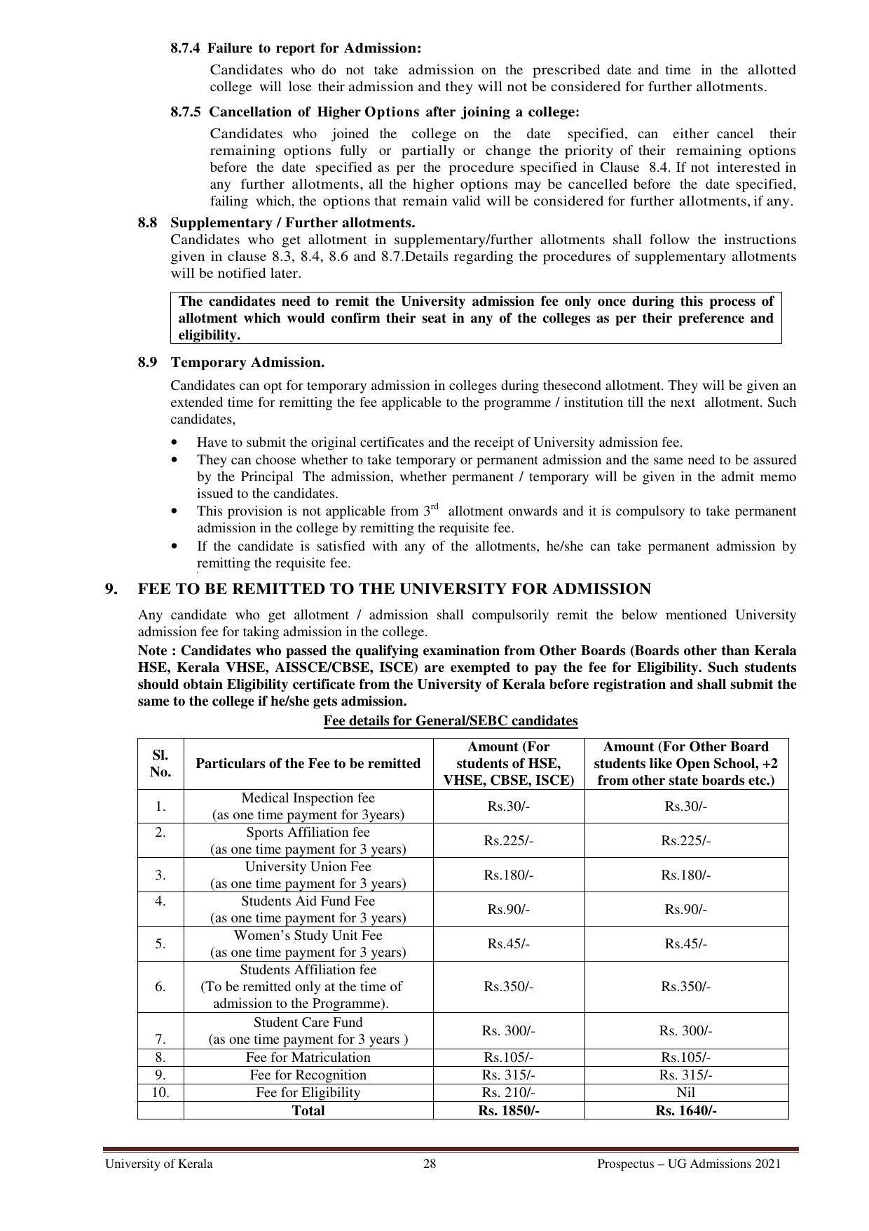 University of Kerala, Thiruvananthapuram UG Admission Prospectus 2021-22 - Page 28