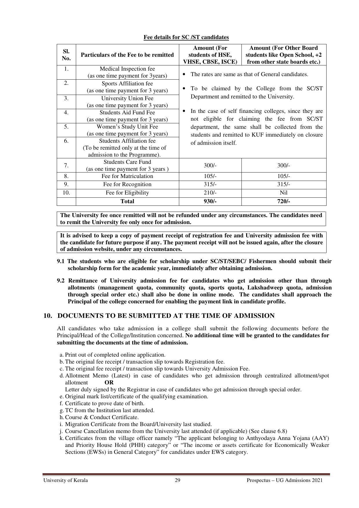 University of Kerala, Thiruvananthapuram UG Admission Prospectus 2021-22 - Page 29