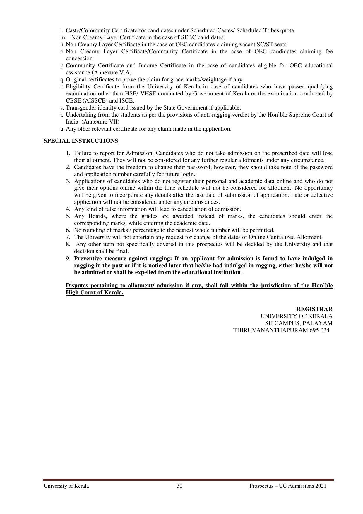 University of Kerala, Thiruvananthapuram UG Admission Prospectus 2021-22 - Page 30