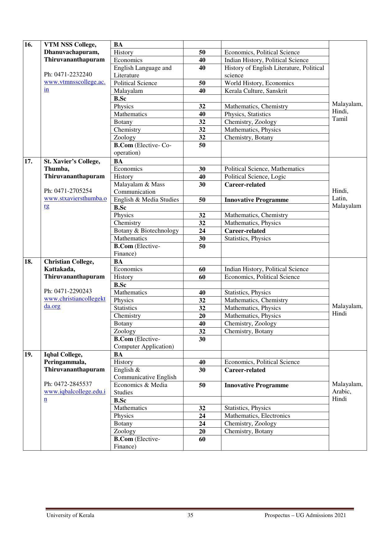 University of Kerala, Thiruvananthapuram UG Admission Prospectus 2021-22 - Page 35