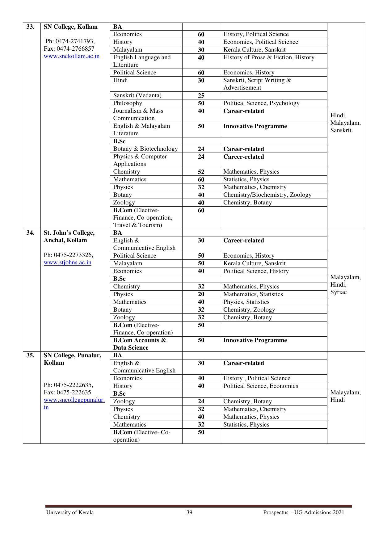 University of Kerala, Thiruvananthapuram UG Admission Prospectus 2021-22 - Page 39