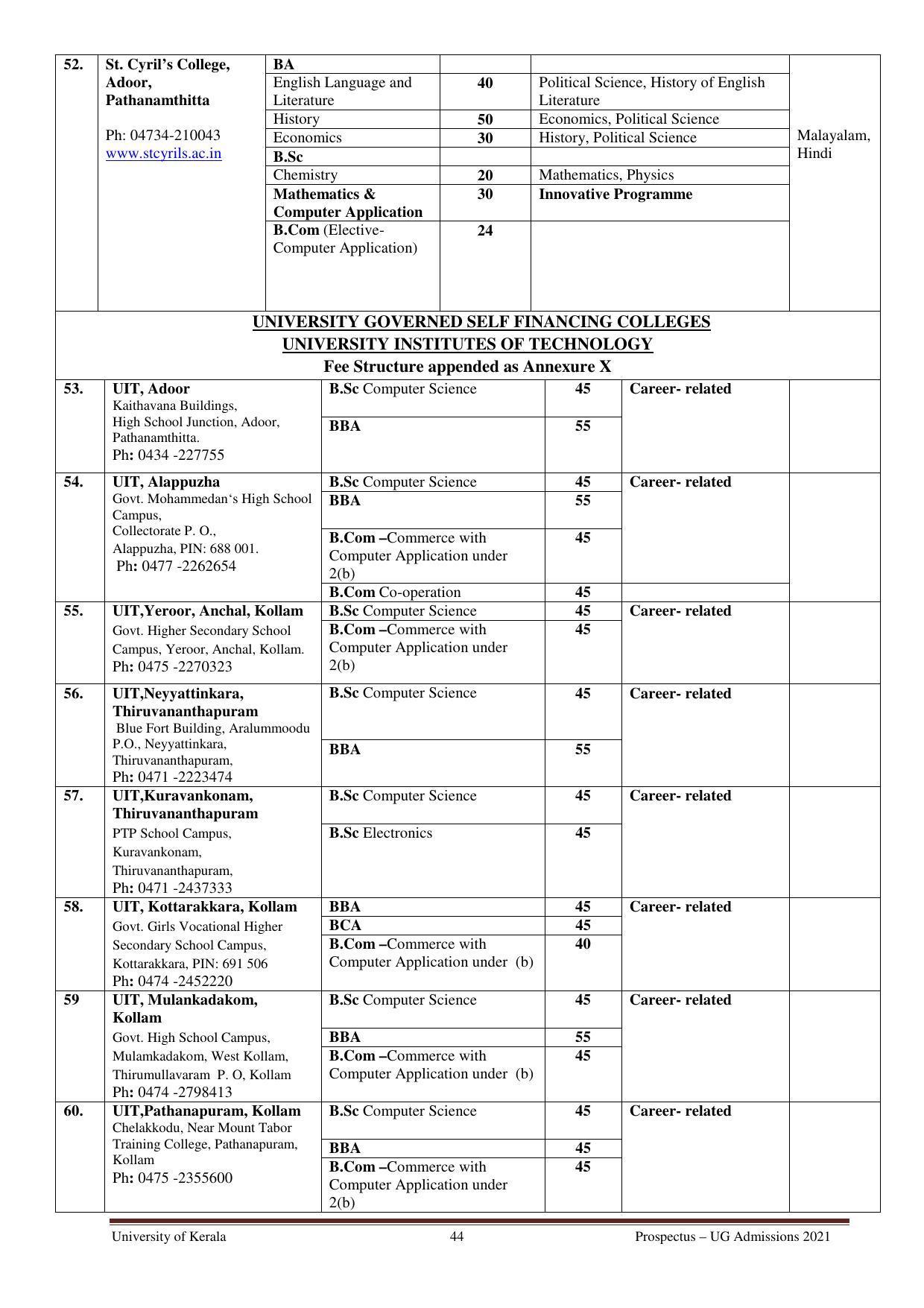 University of Kerala, Thiruvananthapuram UG Admission Prospectus 2021-22 - Page 44