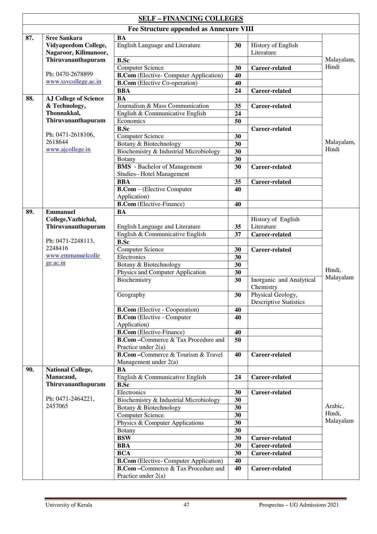University of Kerala, Thiruvananthapuram UG Admission Prospectus 2021-22 - Page 47