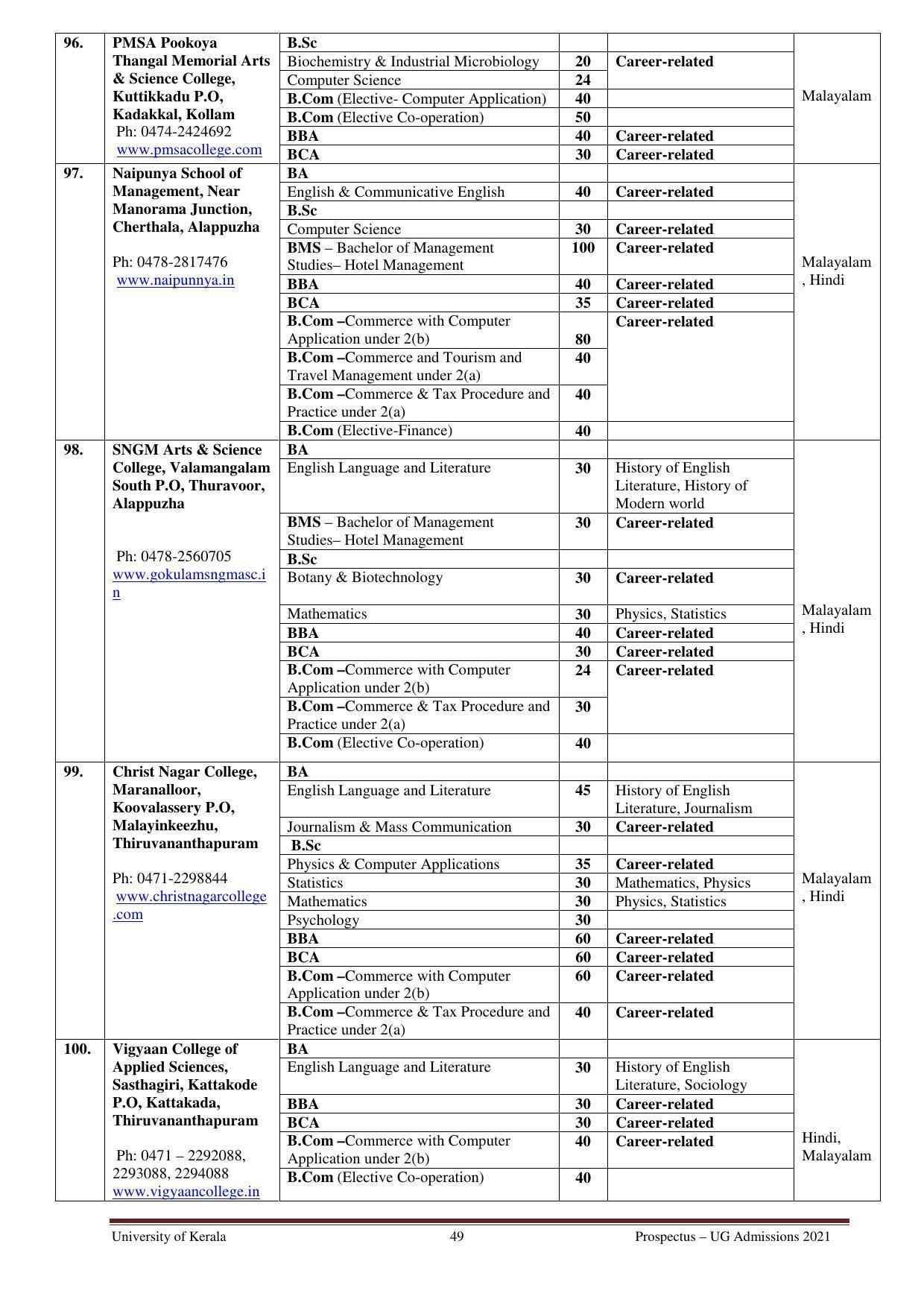 University of Kerala, Thiruvananthapuram UG Admission Prospectus 2021-22 - Page 49