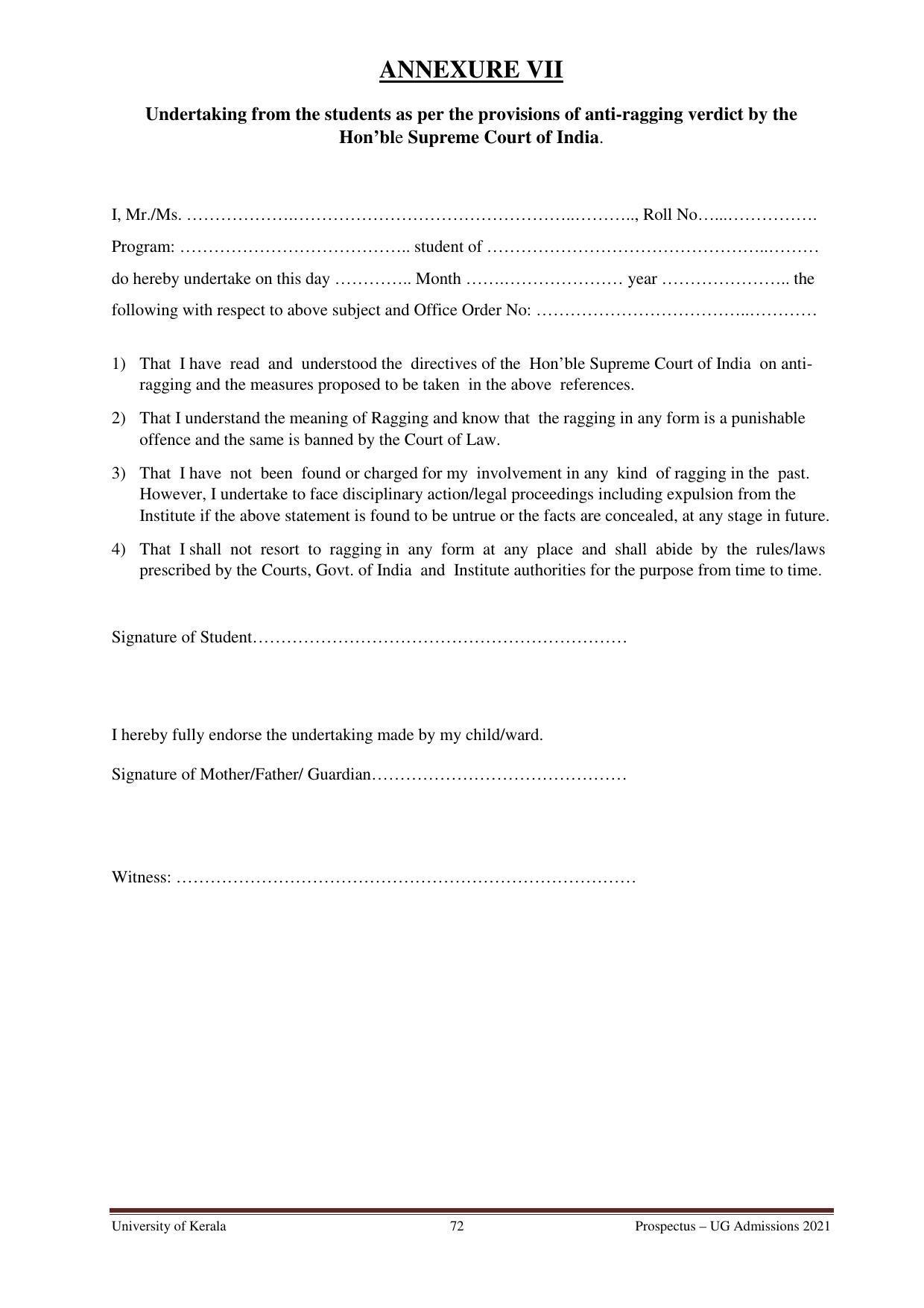 University of Kerala, Thiruvananthapuram UG Admission Prospectus 2021-22 - Page 72