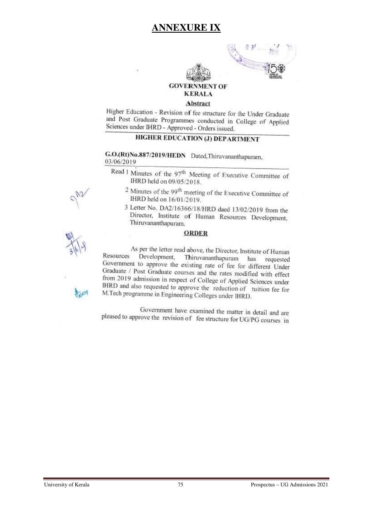 University of Kerala, Thiruvananthapuram UG Admission Prospectus 2021-22 - Page 75