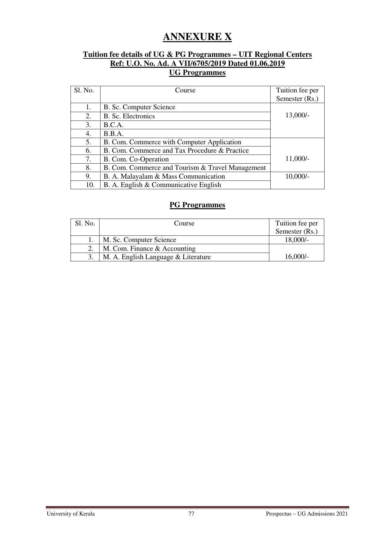 University of Kerala, Thiruvananthapuram UG Admission Prospectus 2021-22 - Page 77