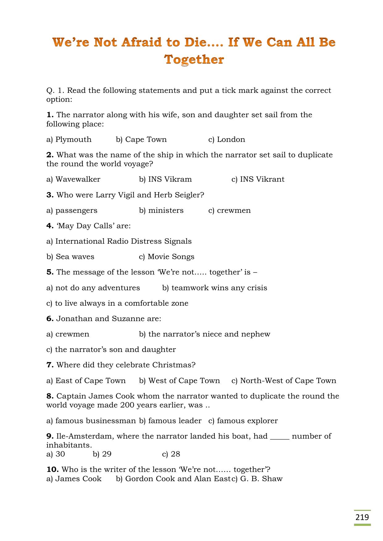 CBSE Worksheets for Class 11 English we are not afraid to die questions answers - Page 1