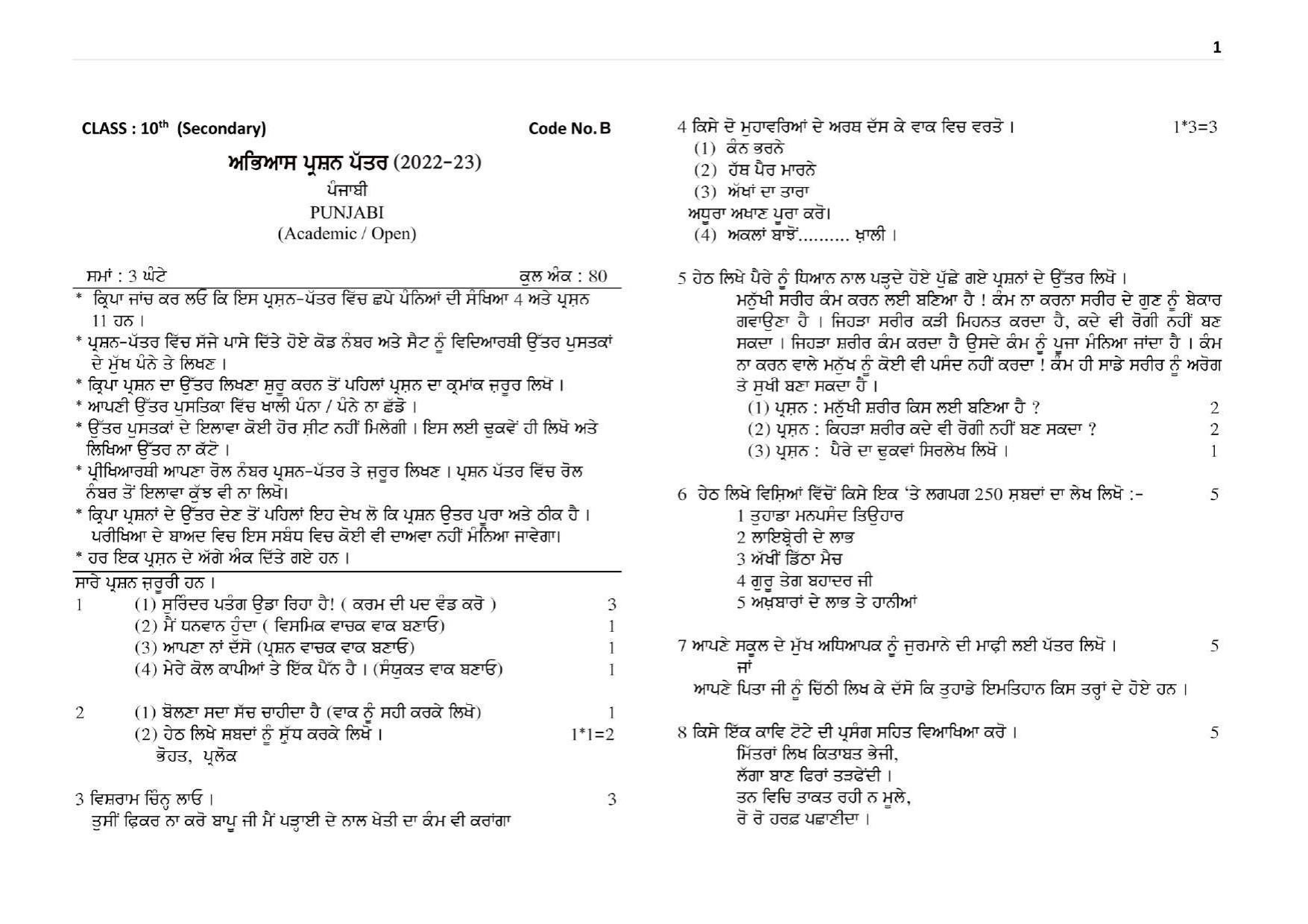 Haryana Board Class 10 Punjabi Code B Sample Papers - Page 1