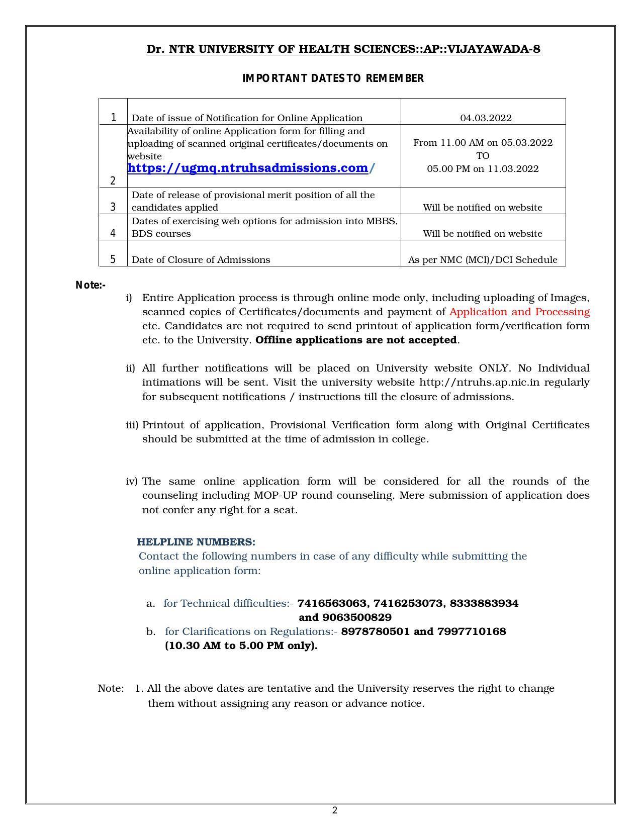 NTR University of Health Sciences (NTRUHS), Vijayawada MBBS & BDS Admission 2021-22 Prospectus - Page 2