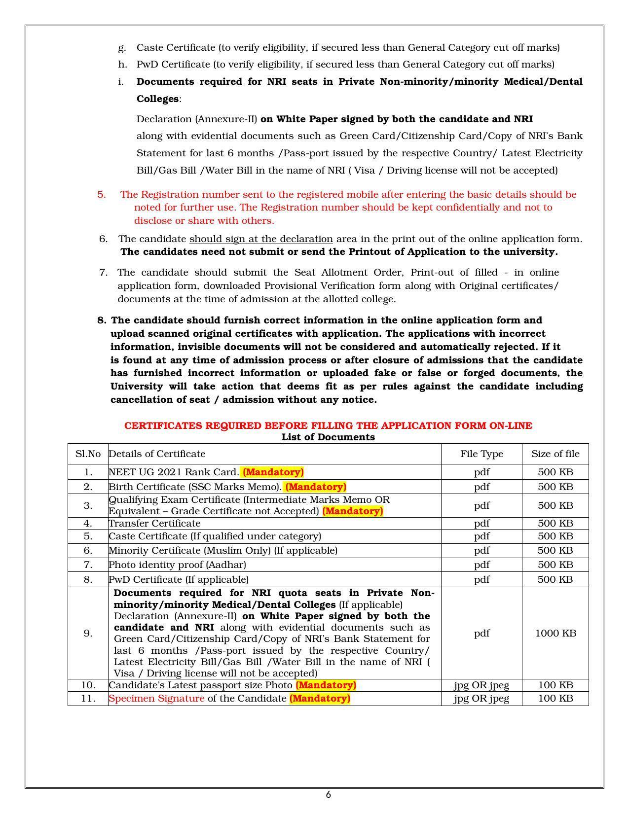 NTR University of Health Sciences (NTRUHS), Vijayawada MBBS & BDS Admission 2021-22 Prospectus - Page 6