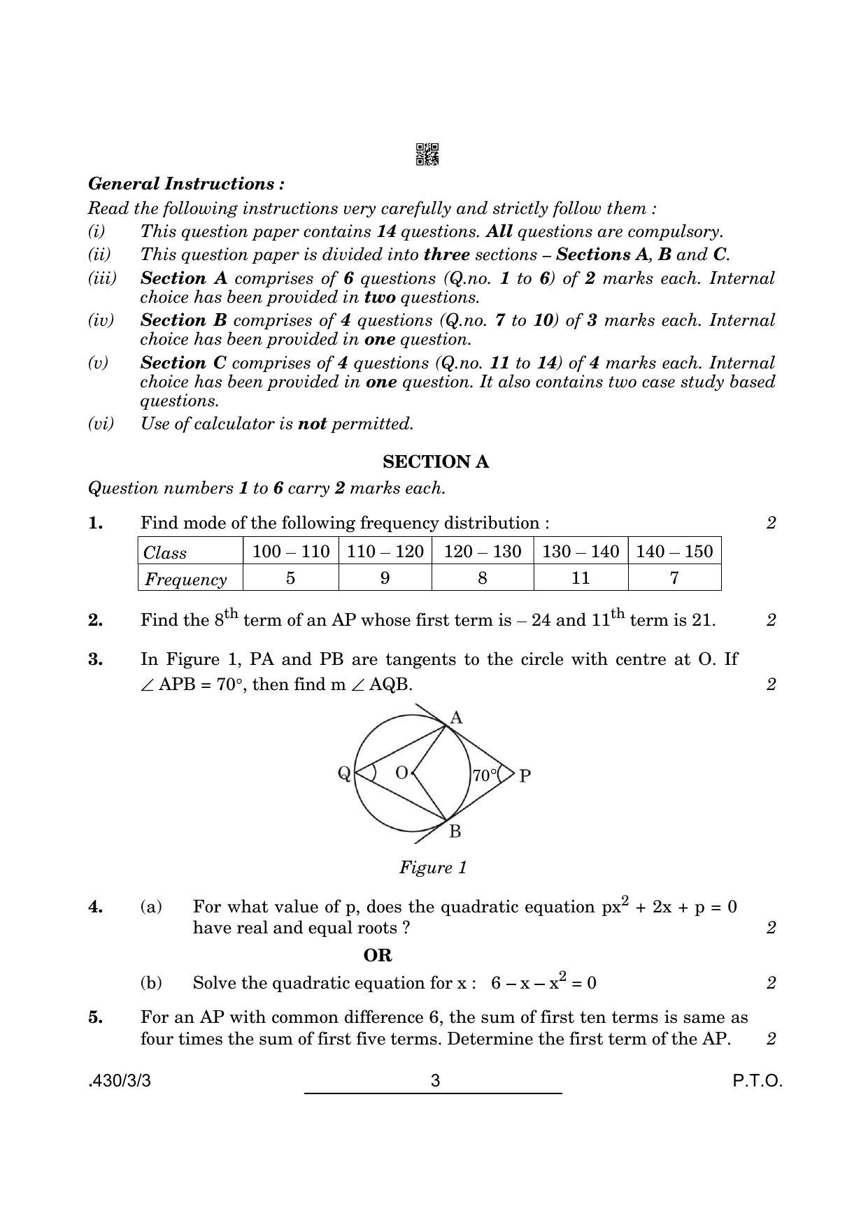 CBSE Class 10 Maths Basic (430/3/3 - SET 3) 2022 Question Paper - Page 3