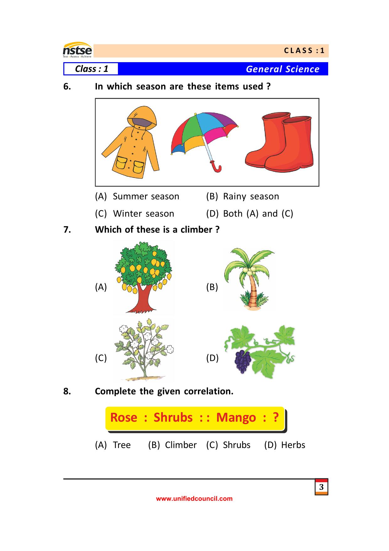 NSTSE Class 1 Sample Question Papers 2024 - Page 3