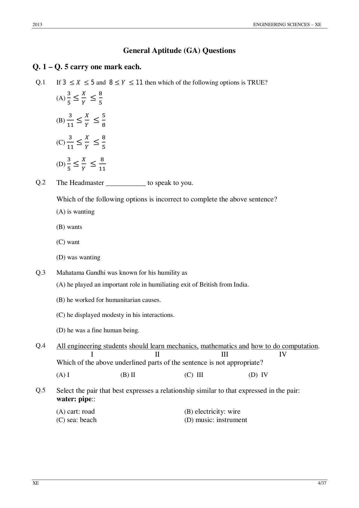 GATE 2013 Engineering Sciences (XE) Question Paper with Answer Key - Page 4