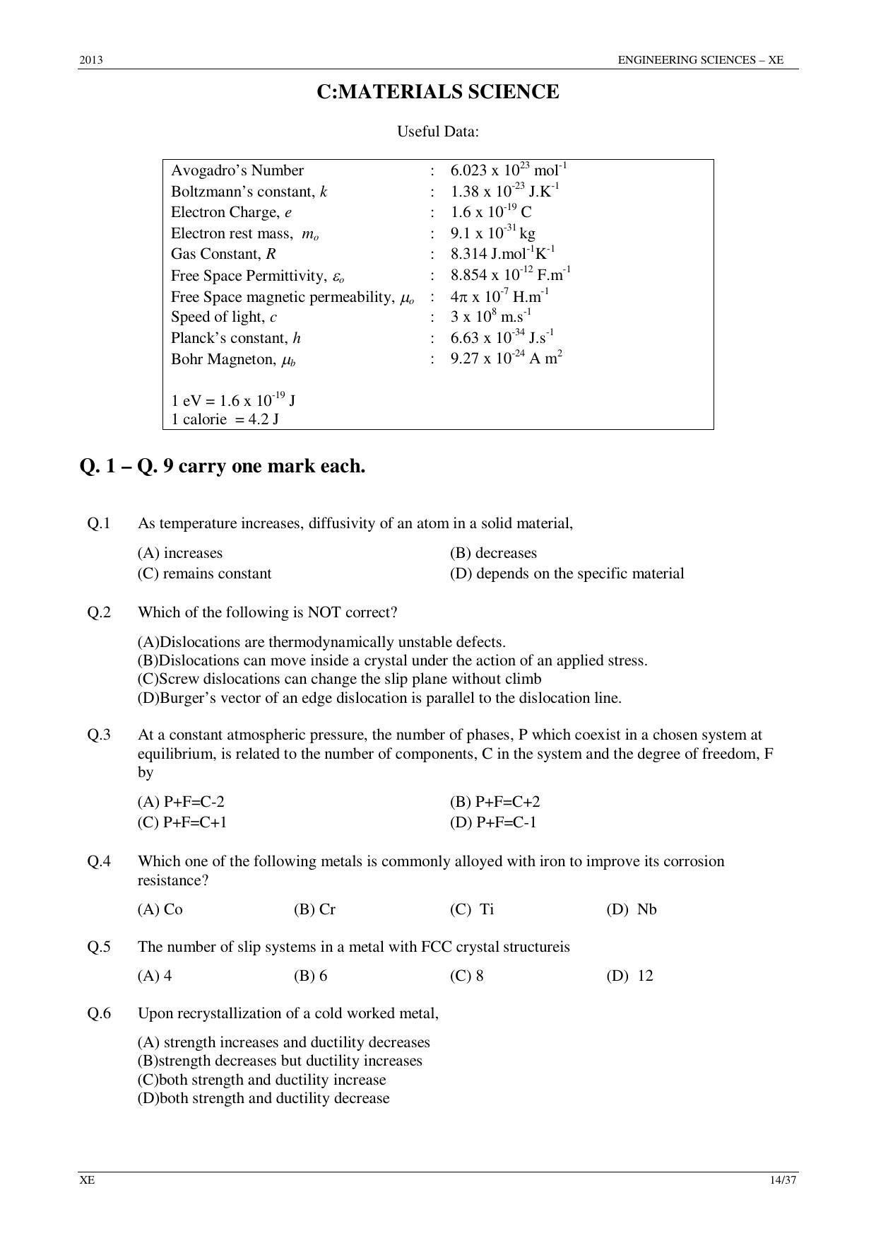 GATE 2013 Engineering Sciences (XE) Question Paper with Answer Key - Page 14