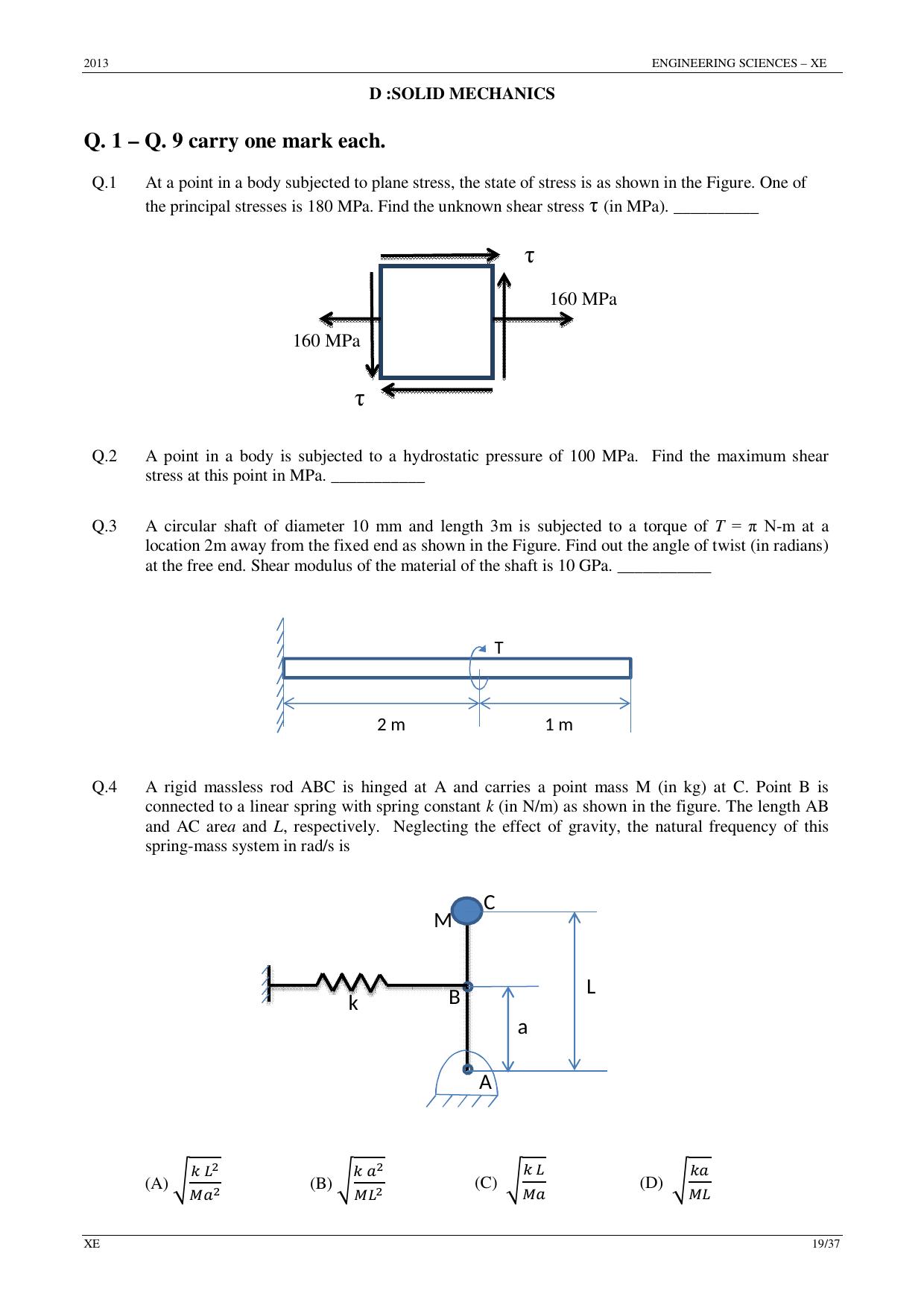 GATE 2013 Engineering Sciences (XE) Question Paper with Answer Key - Page 19