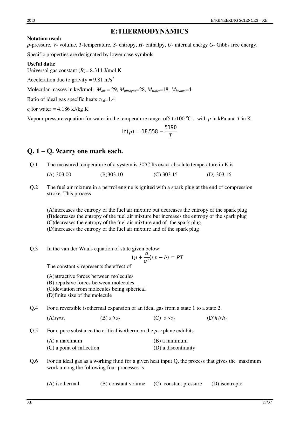 GATE 2013 Engineering Sciences (XE) Question Paper with Answer Key - Page 27