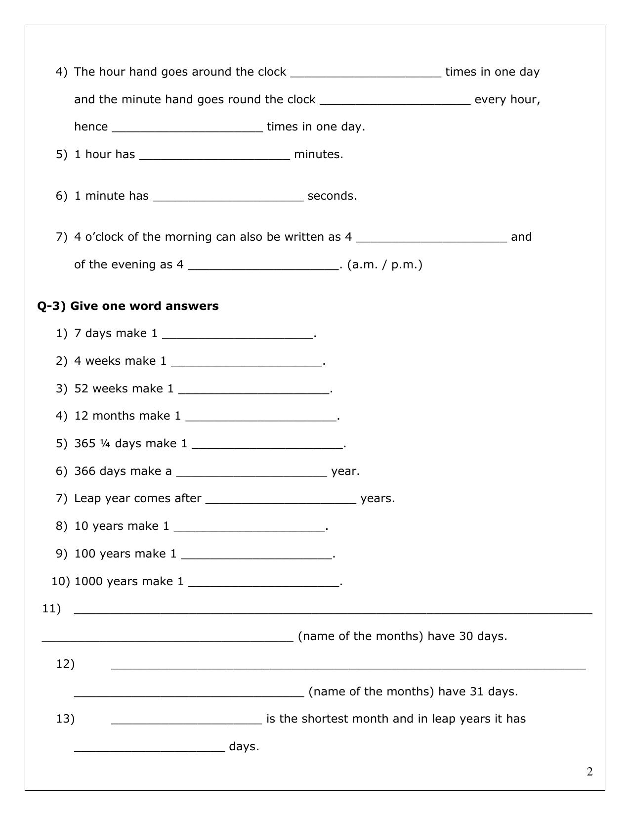 Worksheet for Class 3 Mathematics Practice Test Assignment 12 - Page 2