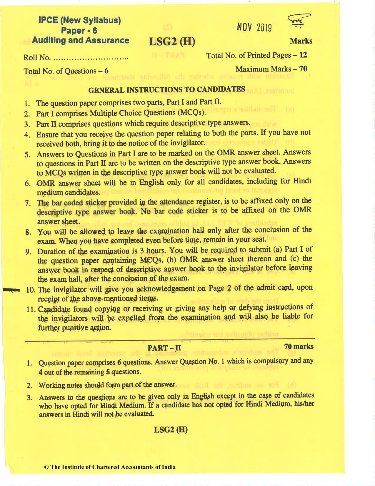 CA Inter Nov 2019 Question Paper - Paper 6 – Auditing and Assurance - Page 1