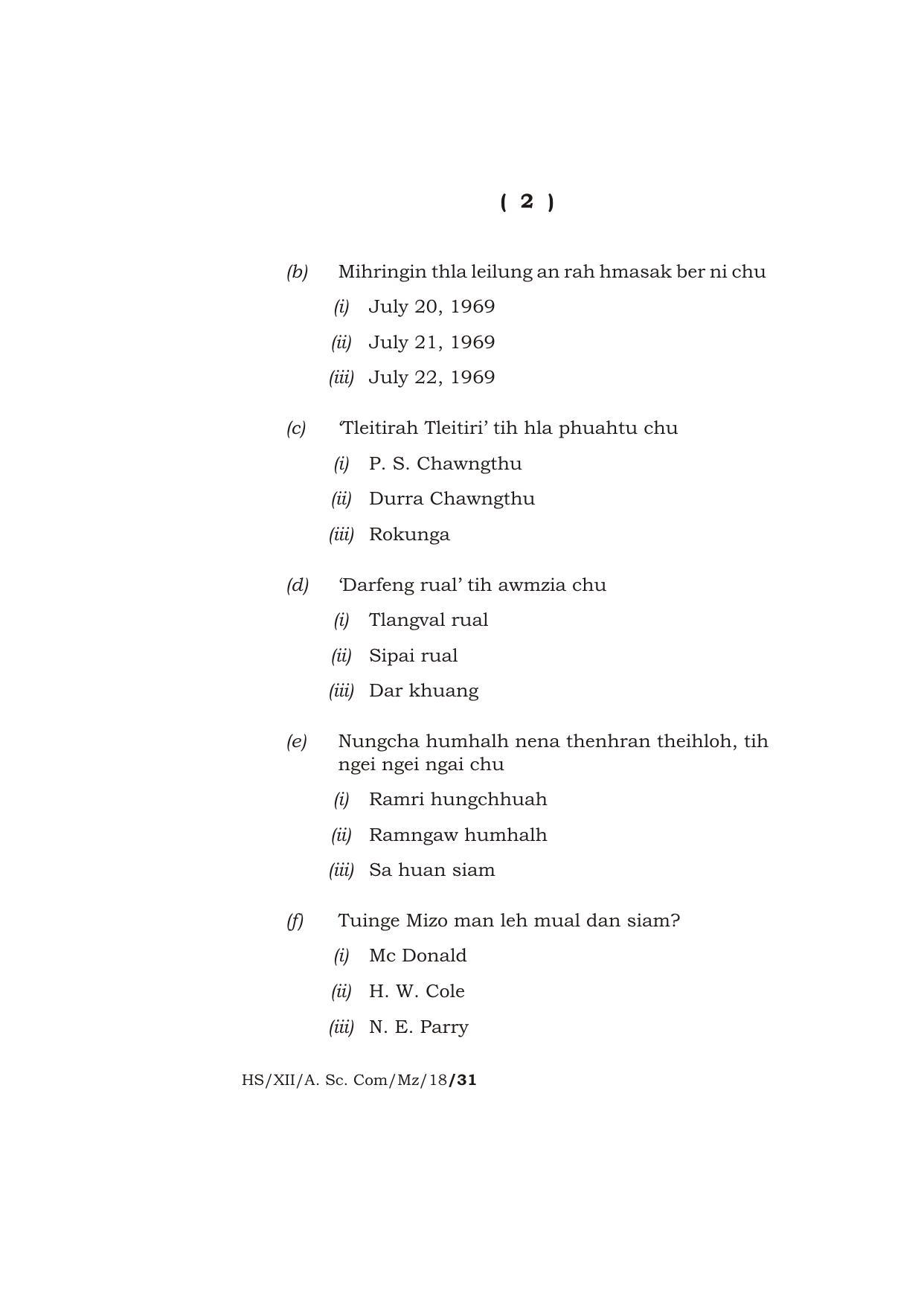 Meghalaya Board (MBOSE) Class 12 MIZO 2018 Question Paper - Page 2