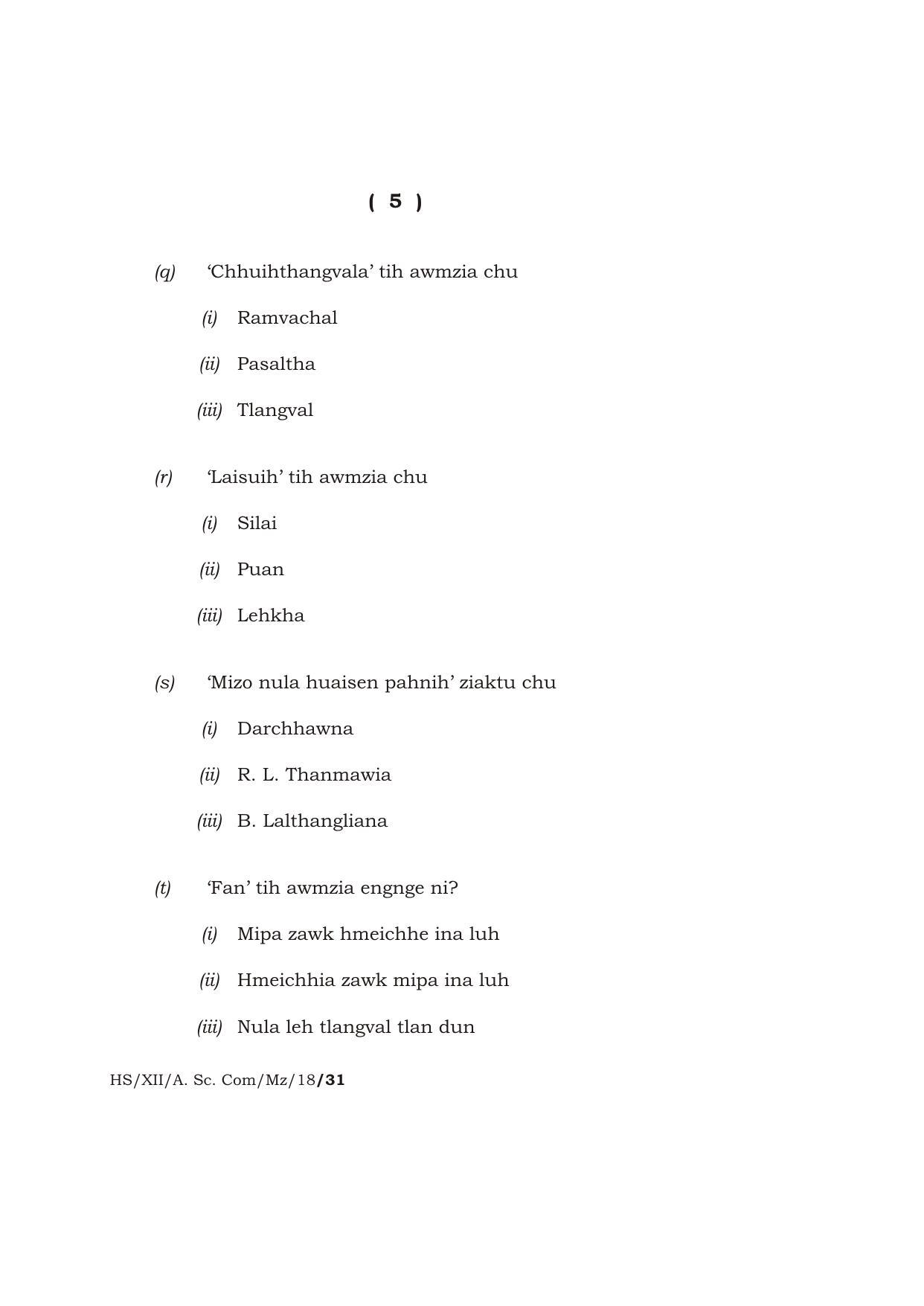 Meghalaya Board (MBOSE) Class 12 MIZO 2018 Question Paper - Page 5