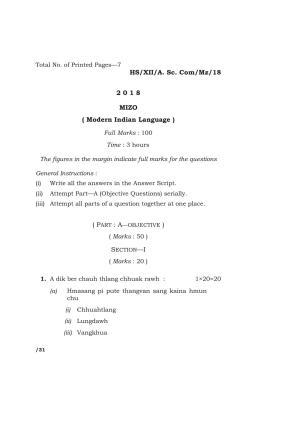 Meghalaya Board (MBOSE) Class 12 MIZO 2018 Question Paper
