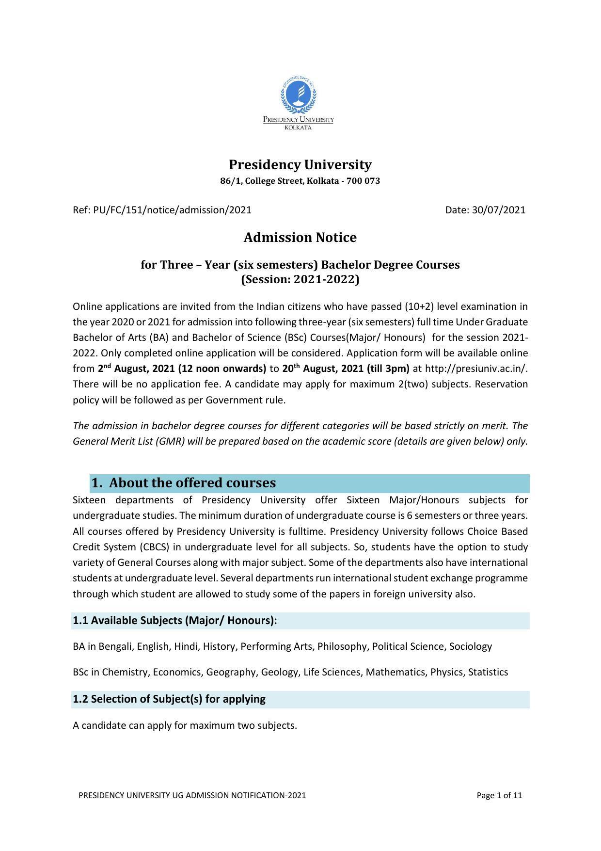 Presidency University, Kolkata UG- Prospectus 2021-22 - Page 1