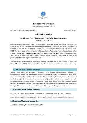Presidency University, Kolkata UG- Prospectus 2021-22