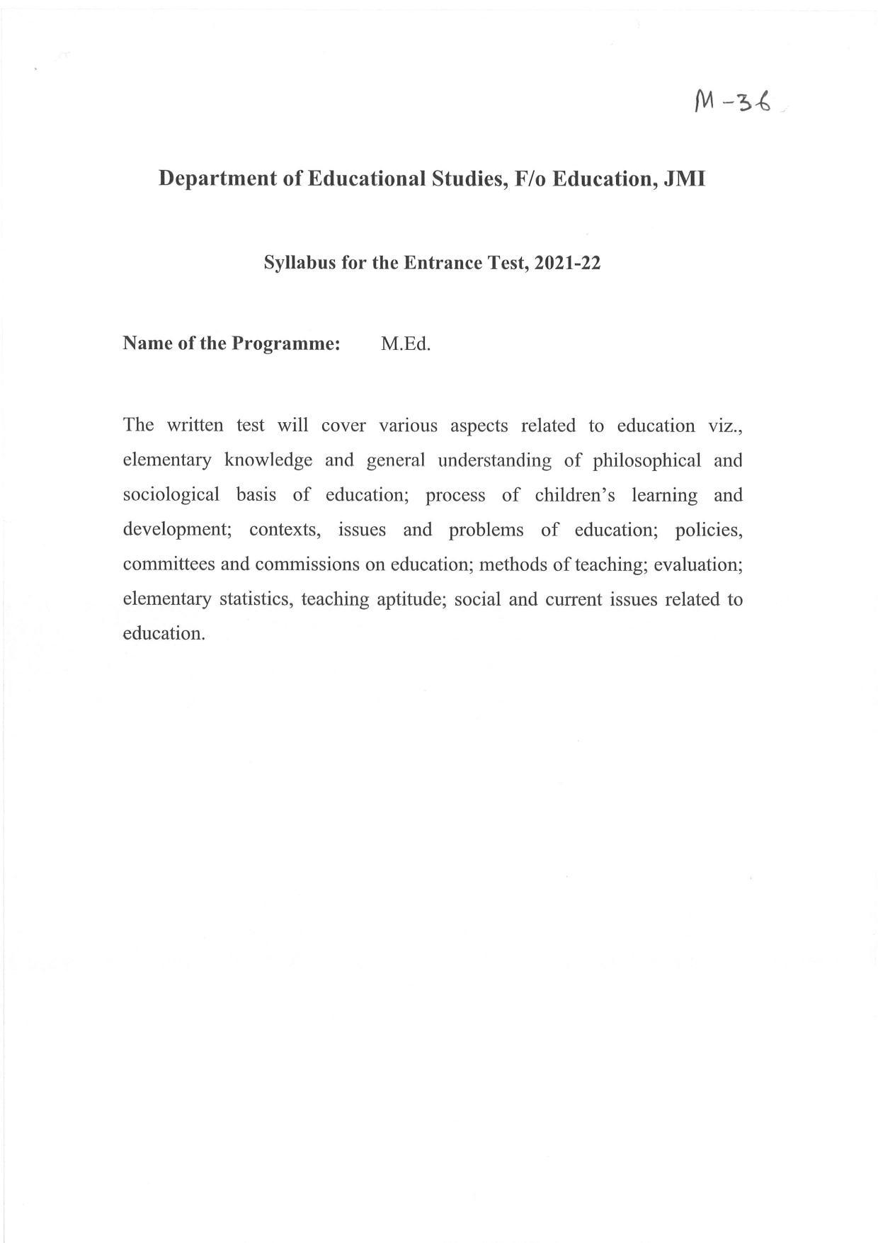 JMI Entrance Exam M36-M.Ed Syllabus - Page 1