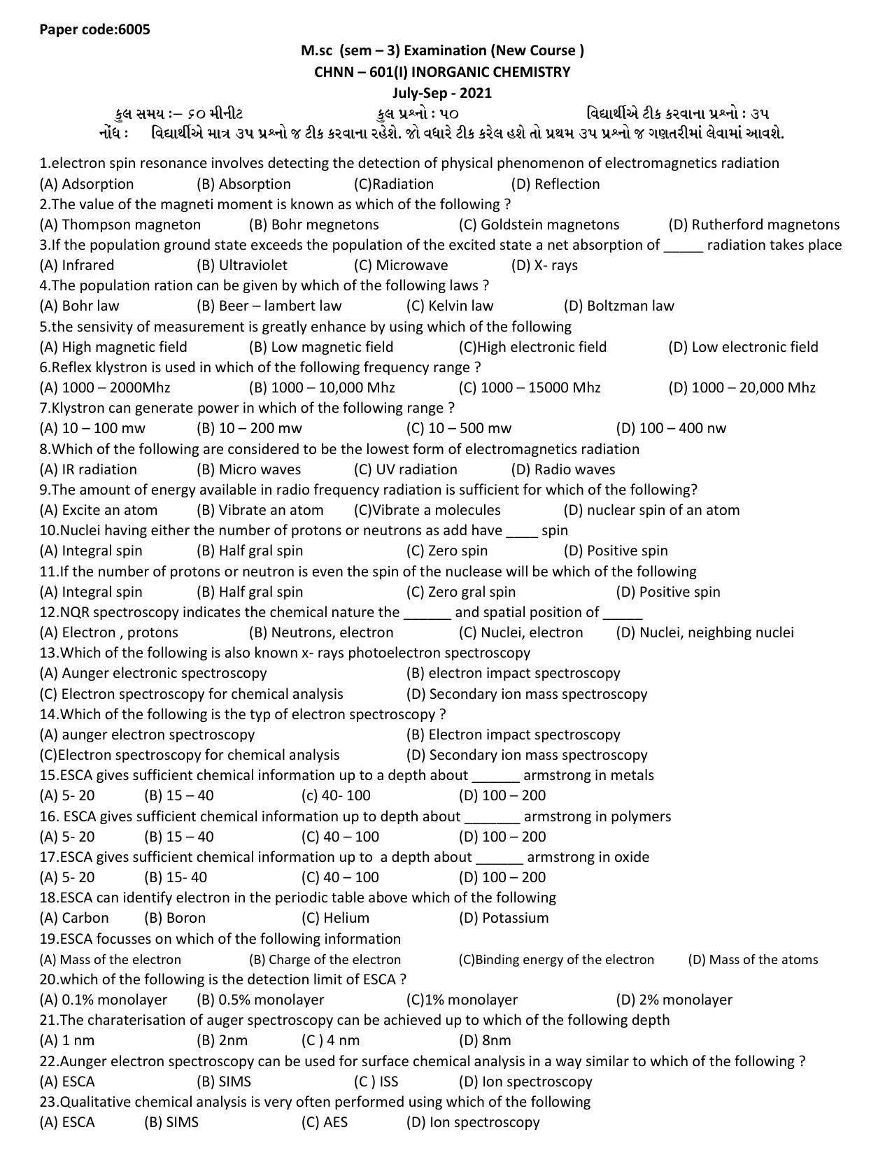 Hemchand North Gujarat University Sample Paper July-Sept 2021: M.sc sem – 3 CH N N – 601(I) Inorganic Chemistry Paper code:6005 (New Course ) - Page 1