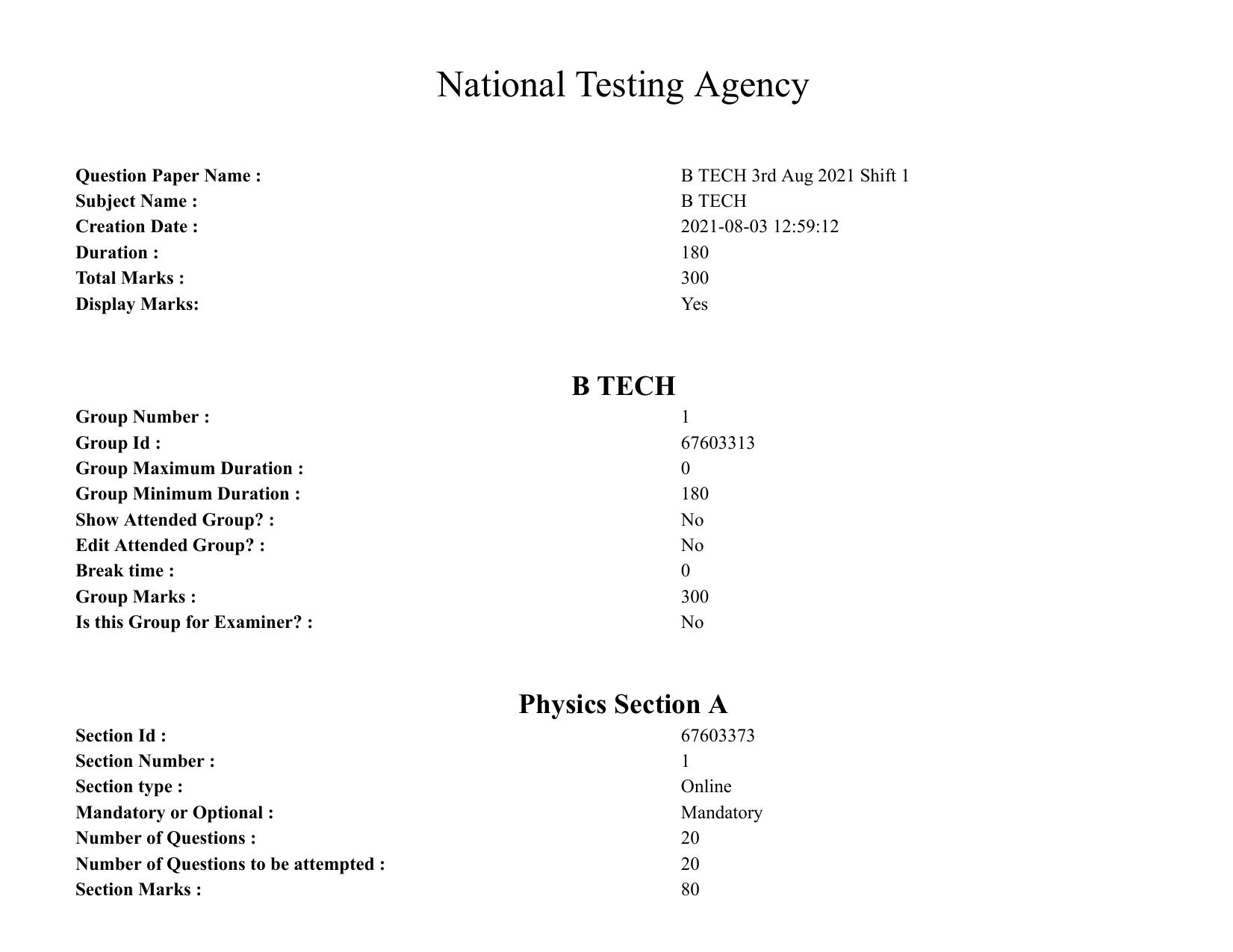 JEE Mains 2021: BTech (Shift1) 03-08-2021 Question Paper - Page 1