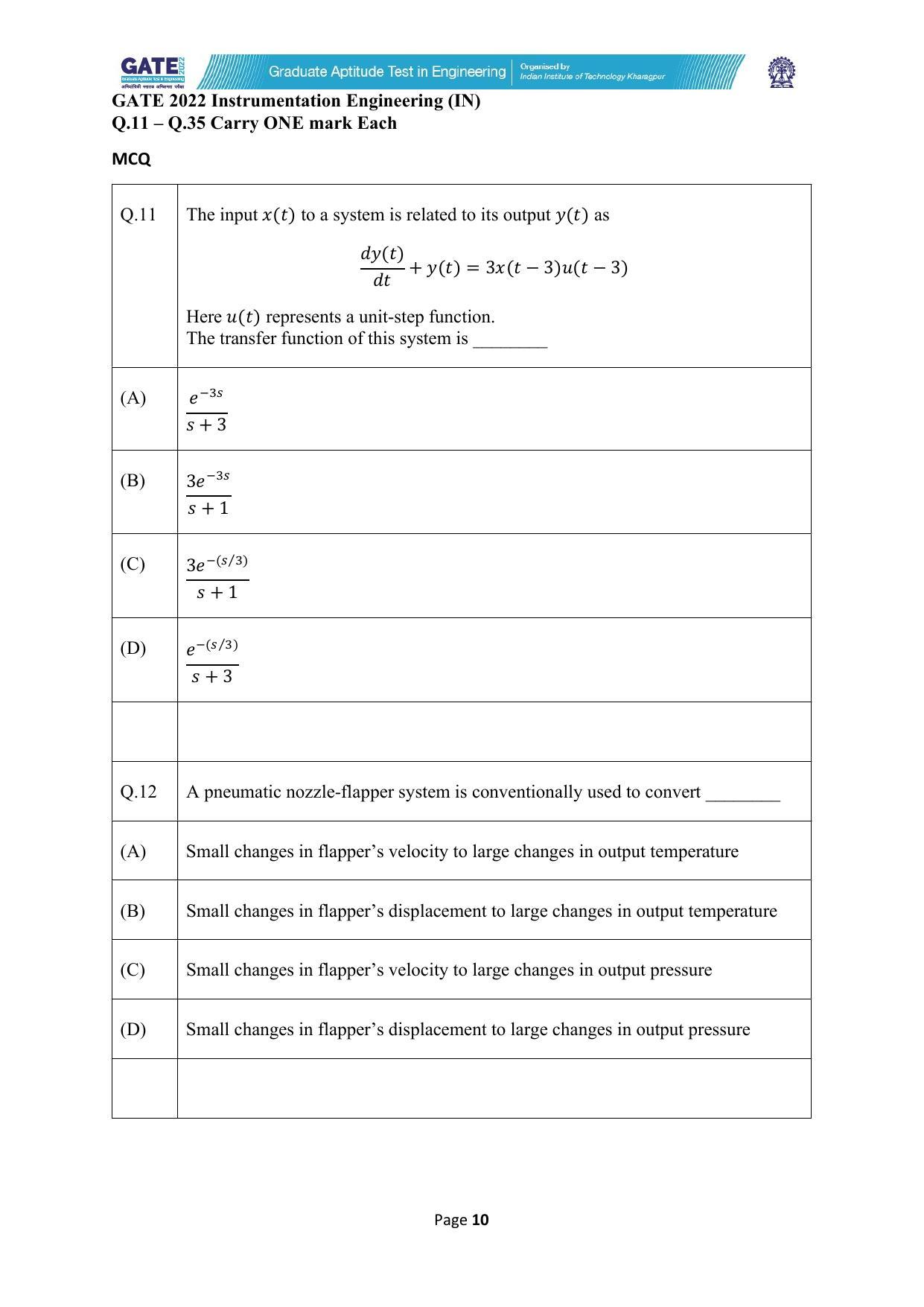 GATE 2022 Instrumentation Engineering (IN) Question Paper IndCareer Docs